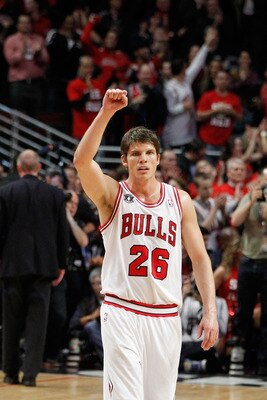 CHICAGO, IL - MAY 15: Kyle Korver #26 of the Chicago Bulls celebrates against the Miami Heat in Game One of the Eastern Conference Finals during the 2011 NBA Playoffs on May 15, 2011 at the United Center in Chicago, Illinois. NOTE TO USER: User expressly 