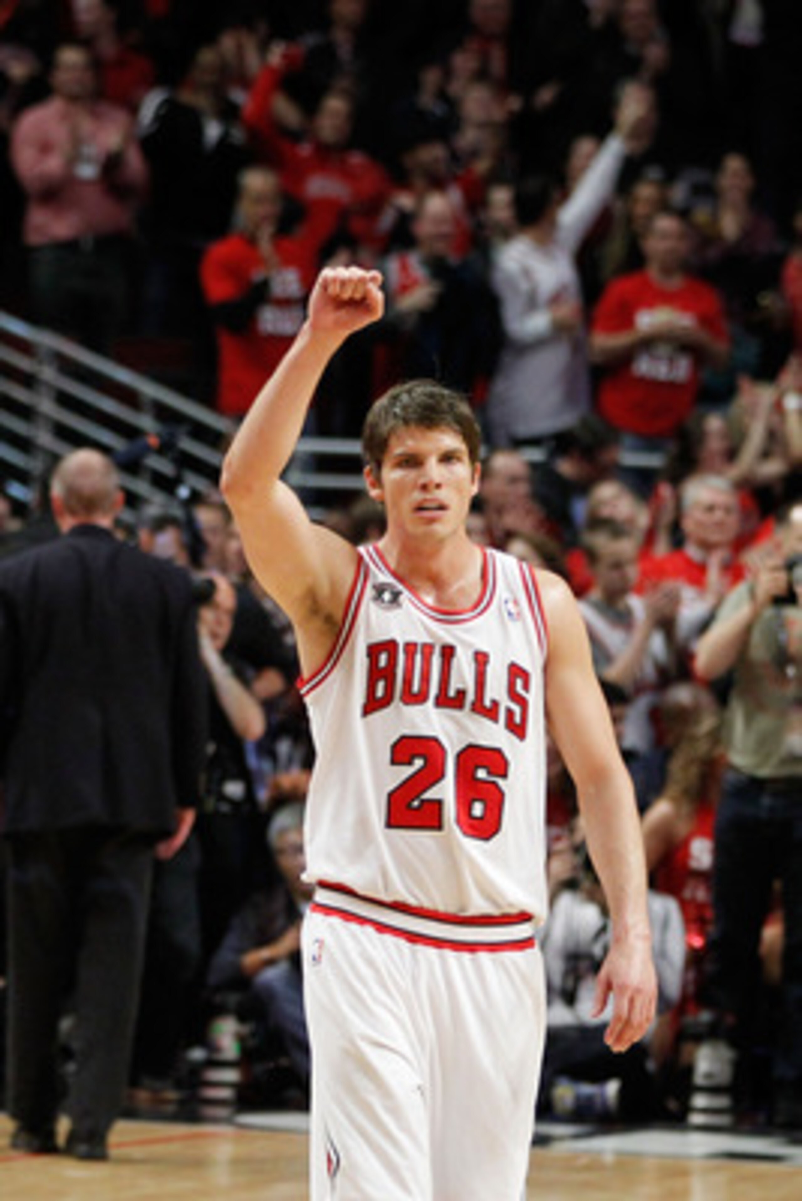 CHICAGO, IL - MAY 15: Kyle Korver #26 of the Chicago Bulls celebrates against the Miami Heat in Game One of the Eastern Conference Finals during the 2011 NBA Playoffs on May 15, 2011 at the United Center in Chicago, Illinois. NOTE TO USER: User expressly CHICAGO, IL - MAY 15: Kyle Korver #26 of the Chicago Bulls celebrates against the Miami Heat in Game One of the Eastern Conference Finals during the 2011 NBA Playoffs on May 15, 2011 at the United Center in Chicago, Illinois. NOTE TO USER: User expressly