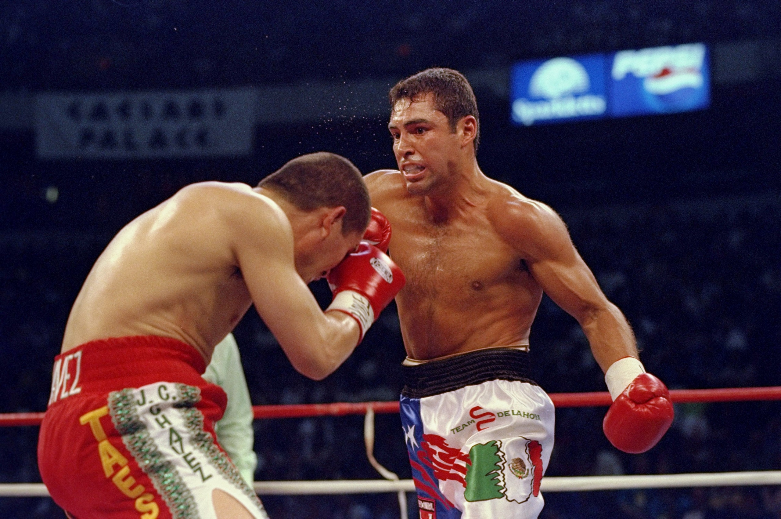 18 Sep 1998:  Oscar De La Hoya prepares to throws a left hand at Julio Cesar Chavez during their bout at the Thomas and Mack Center in Las Vegas, Nevada. De La Hoya defeated Chavez by way of a TKO in the 8th round. Mandatory Credit: Jed Jacobsohn  /Allspo