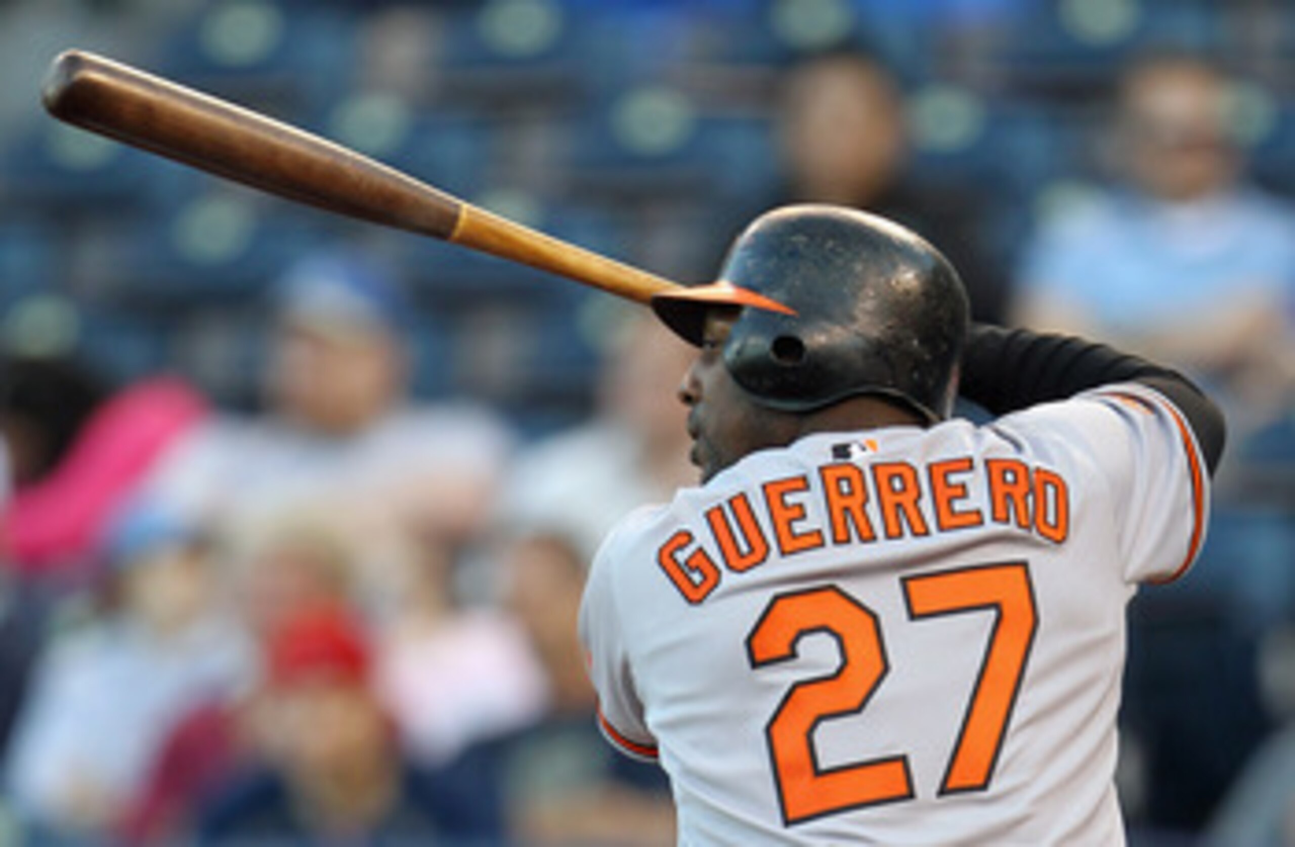 KANSAS CITY, MO - MAY 03: Vladimir Guerrero #27 of the Baltimore Orioles bats during the game against the Kansas City Royals on May 3, 2011 at Kauffman Stadium in Kansas City, Missouri. (Photo by Jamie Squire/Getty Images) KANSAS CITY, MO - MAY 03: Vladimir Guerrero #27 of the Baltimore Orioles bats during the game against the Kansas City Royals on May 3, 2011 at Kauffman Stadium in Kansas City, Missouri. (Photo by Jamie Squire/Getty Images)