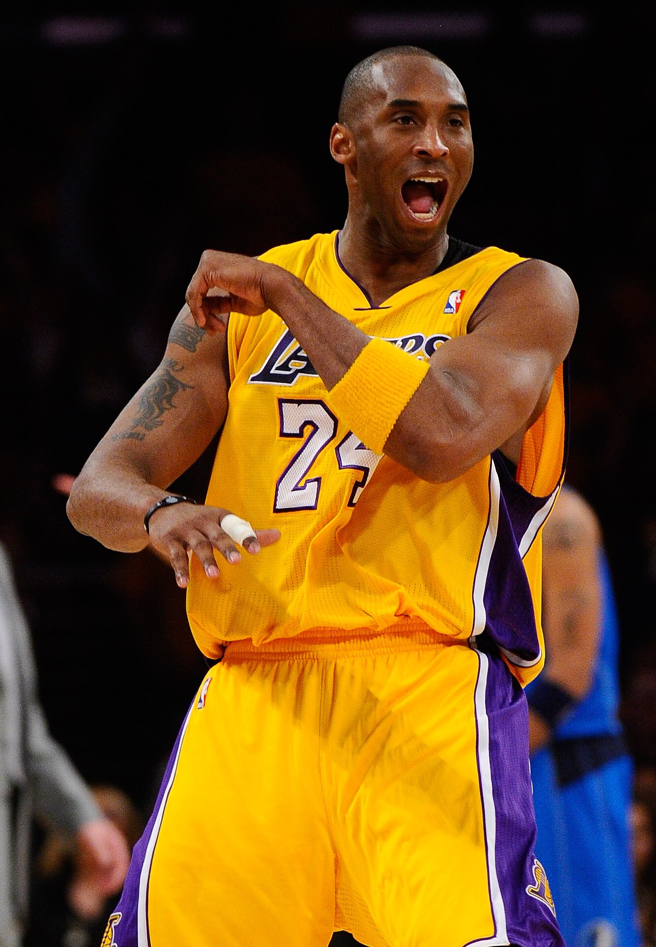 LOS ANGELES, CA - MAY 02:  Kobe Bryant #24 of the Los Angeles Lakers reacts after making a three-pointer in the third quarter while taking on the Dallas Mavericks in Game One of the Western Conference Semifinals in the 2011 NBA Playoffs at Staples Center