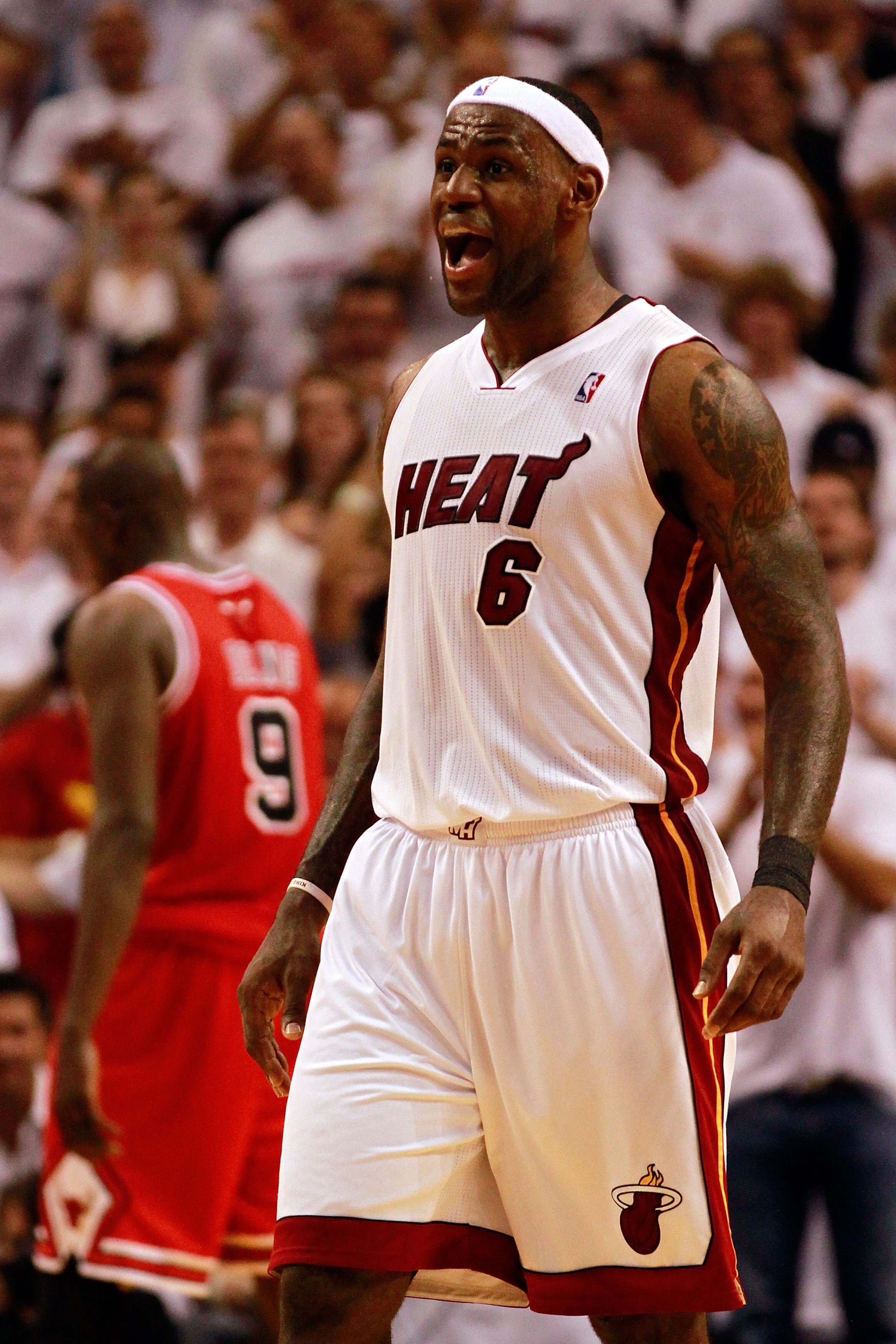 MIAMI, FL - MAY 22:  LeBron James #6 of the Miami Heat reacts against the Chicago Bulls in Game Three of the Eastern Conference Finals during the 2011 NBA Playoffs on May 22, 2011 at American Airlines Arena in Miami, Florida.  NOTE TO USER: User expressly