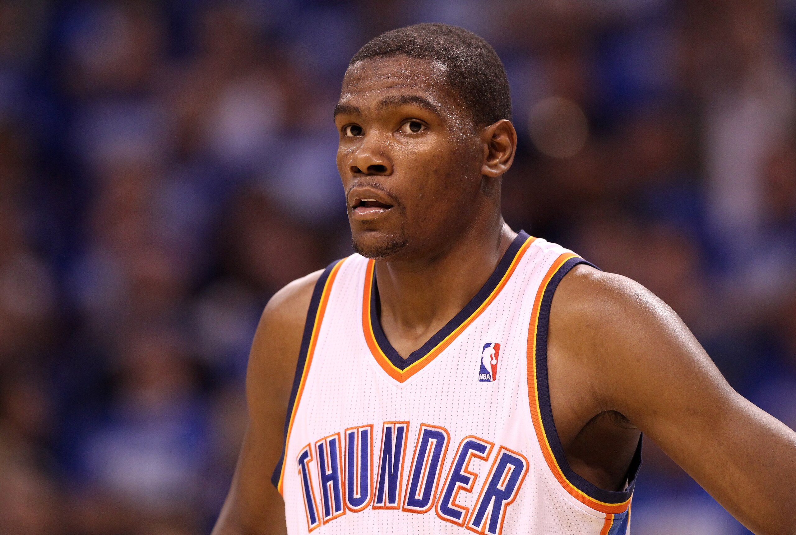OKLAHOMA CITY, OK - MAY 21:  Kevin Durant #35 of the Oklahoma City Thunder looks on while taking on the Dallas Mavericks in Game Three of the Western Conference Finals during the 2011 NBA Playoffs at Oklahoma City Arena on May 21, 2011 in Oklahoma City, O