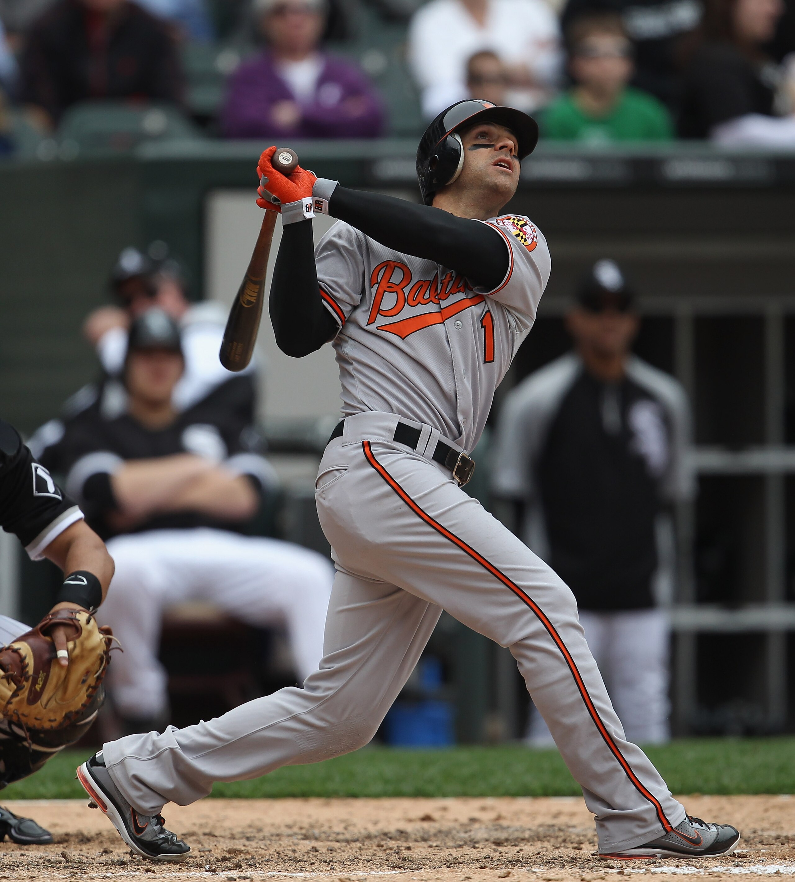 CHICAGO, IL - MAY 01: Brian Roberts #1 of the Baltimore Orioles hits the ball against the Chicago White Sox at U.S. Cellular Field on May 1, 2011 in Chicago, Illinois. The Orioles defeated the White Sox 6-4. (Photo by Jonathan Daniel/Getty Images)