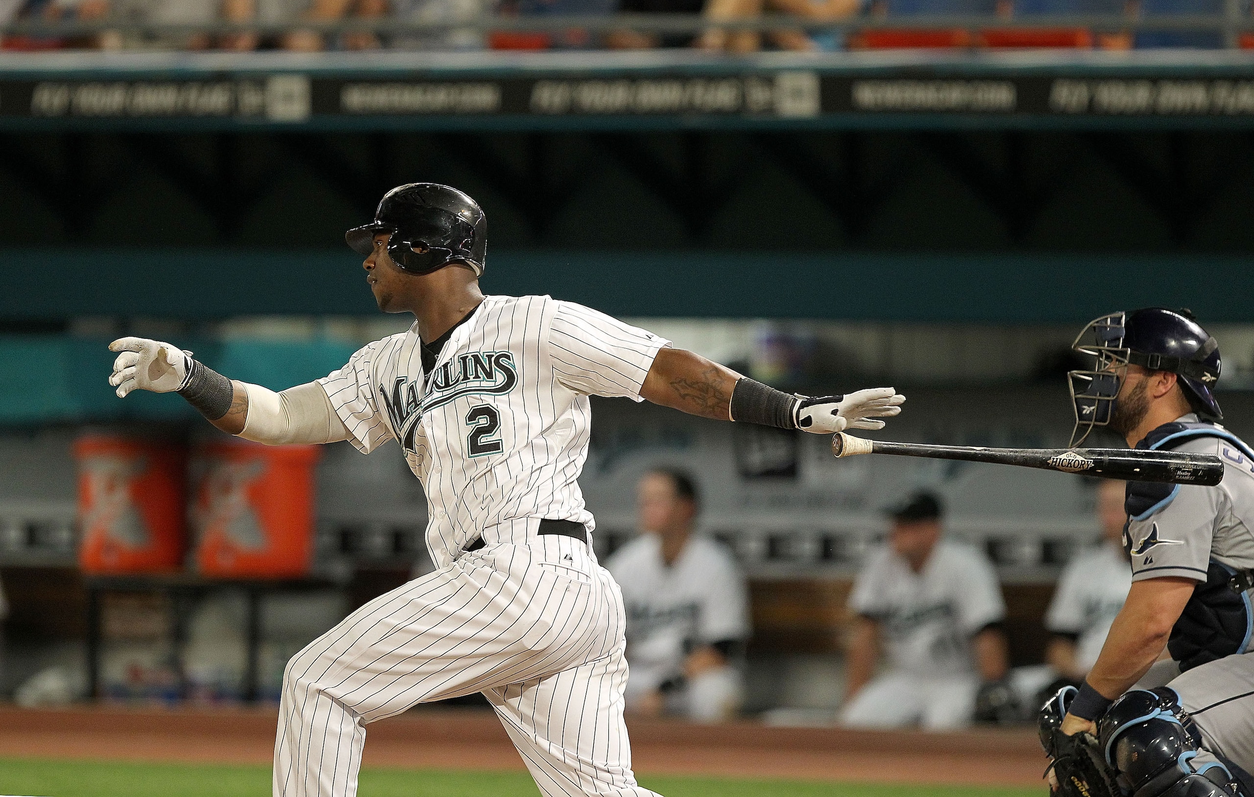 MIAMI GARDENS, FL - MAY 20:  Hanley Ramirez #2 of the Florida Marlins hits during a game against the Tampa Bay Rays at Sun Life Stadium on May 20, 2011 in Miami Gardens, Florida.  (Photo by Mike Ehrmann/Getty Images)