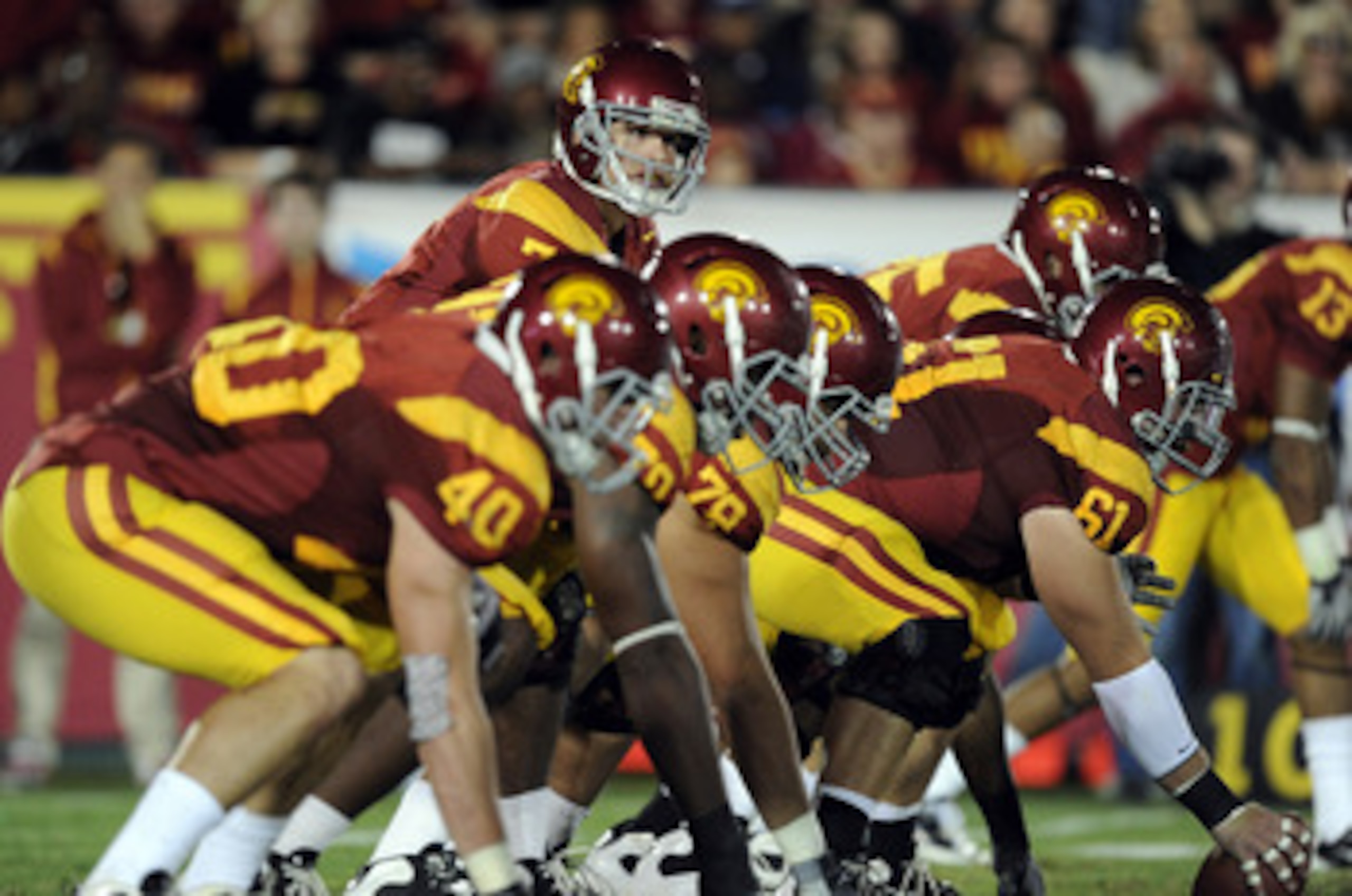 LOS ANGELES, CA - OCTOBER 30:  Matt Barkley #7 of the USC Trojans lines up against the Oregon Ducks at Los Angeles Memorial Coliseum on October 30, 2010 in Los Angeles, California.  (Photo by Harry How/Getty Images)