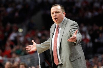 CHICAGO, IL - MAY 18:  Head coach Tom Thibodeau of the Chicago Bulls reacts against the Miami Heat in Game Two of the Eastern Conference Finals during the 2011 NBA Playoffs on May 18, 2011 at the United Center in Chicago, Illinois. NOTE TO USER: User expr