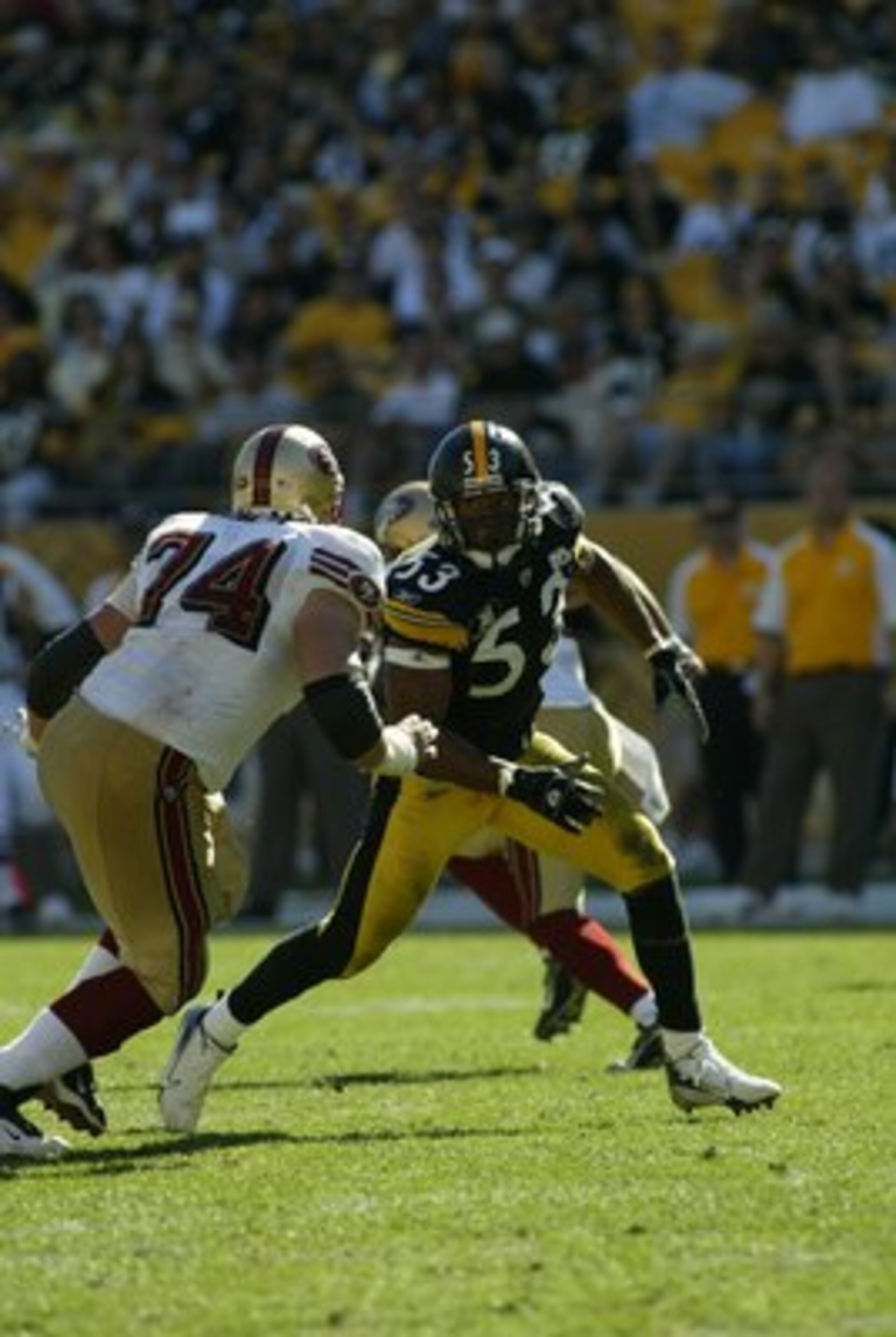PITTSBURGH - SEPTEMBER 23:  Clark Haggans #53 of the Pittsburgh Steelers rushes against Joe Staley #74 of the San Francisco 49ers on September 23, 2007 at Heinz Field in Pittsburgh, Pennsylvania. The Steelers won 36-17. (Photo by Rick Stewart/Getty Images