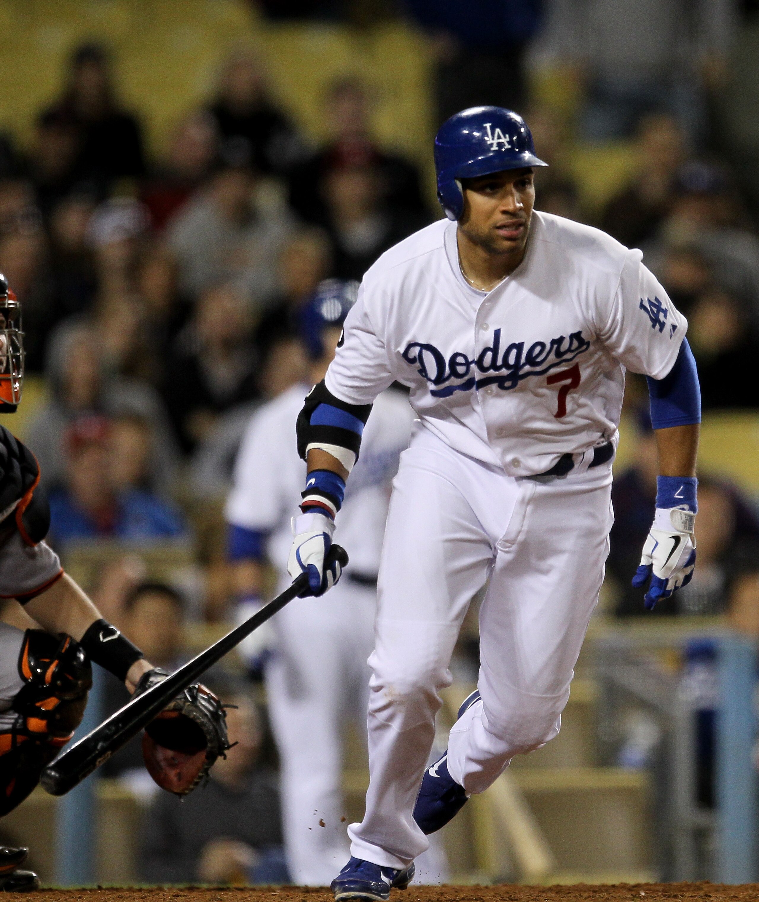 LOS ANGELES, CA - MAY 18:  James Loney #7 of the Los Angeles Dodgers ties the game with an RBI single in the eighth inning against the San Francisco Giants on May 18, 2011 at Dodger Stadium in Los Angeles, California.  (Photo by Stephen Dunn/Getty Images)