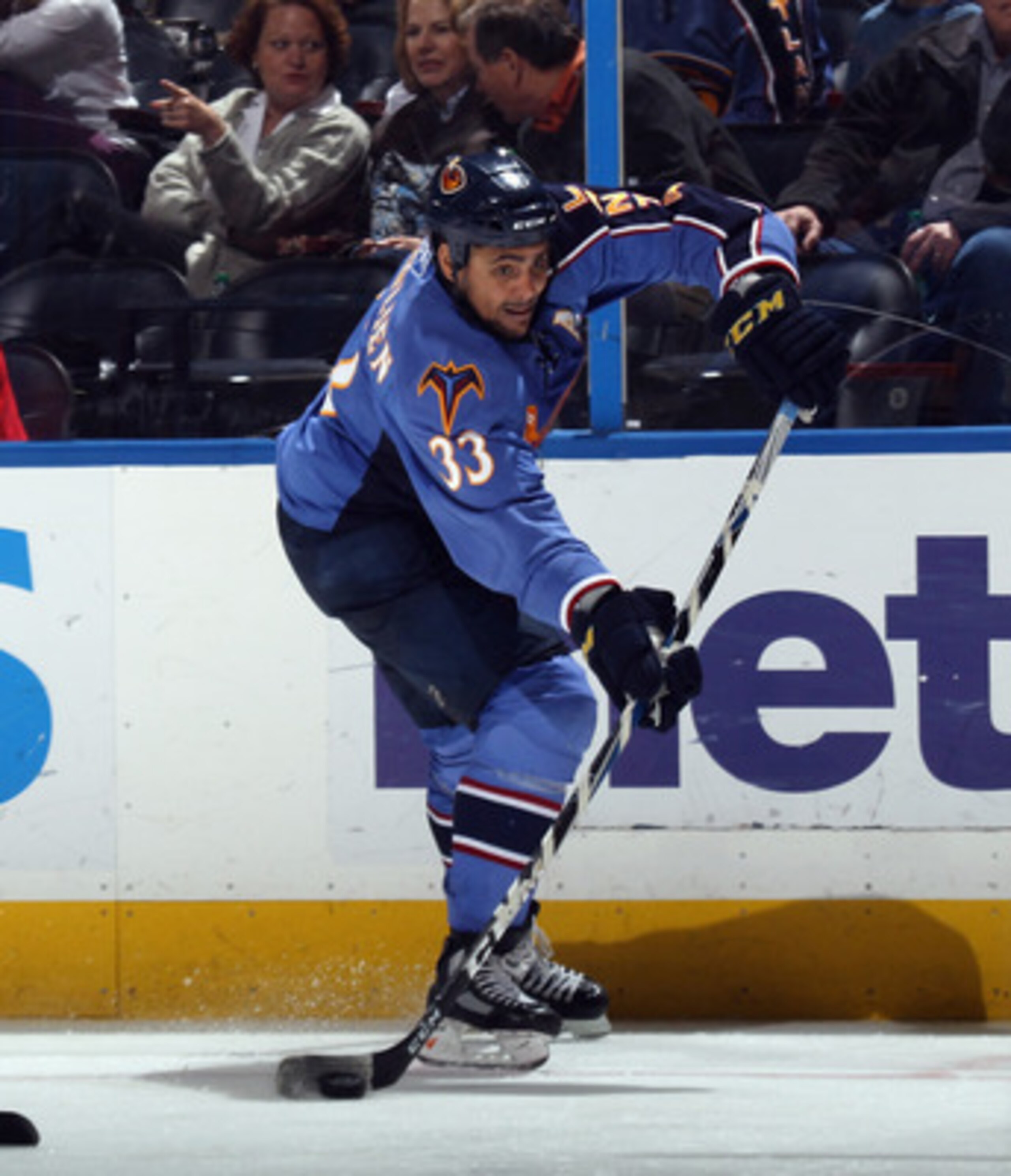 ATLANTA, GA - MARCH 27:  Dustin Byfuglien #33 of the Atlanta Thrashers skates against the Ottawa Senators at the Philips Arena on March 27, 2011 in Atlanta, Georgia. The Thrashers defeated the 5-4 in the shoot out.  (Photo by Bruce Bennett/Getty Images)