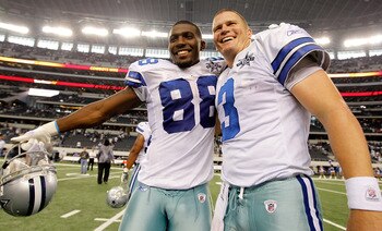 ARLINGTON, TX - NOVEMBER 21:  Wide receiver Dez Bryant #88 of the Dallas Cowboys celebrates with quarterback Jon Kitna #3 after the Cowboys beat the Detroit Lions 35-19 at Cowboys Stadium on November 21, 2010 in Arlington, Texas.  (Photo by Tom Pennington