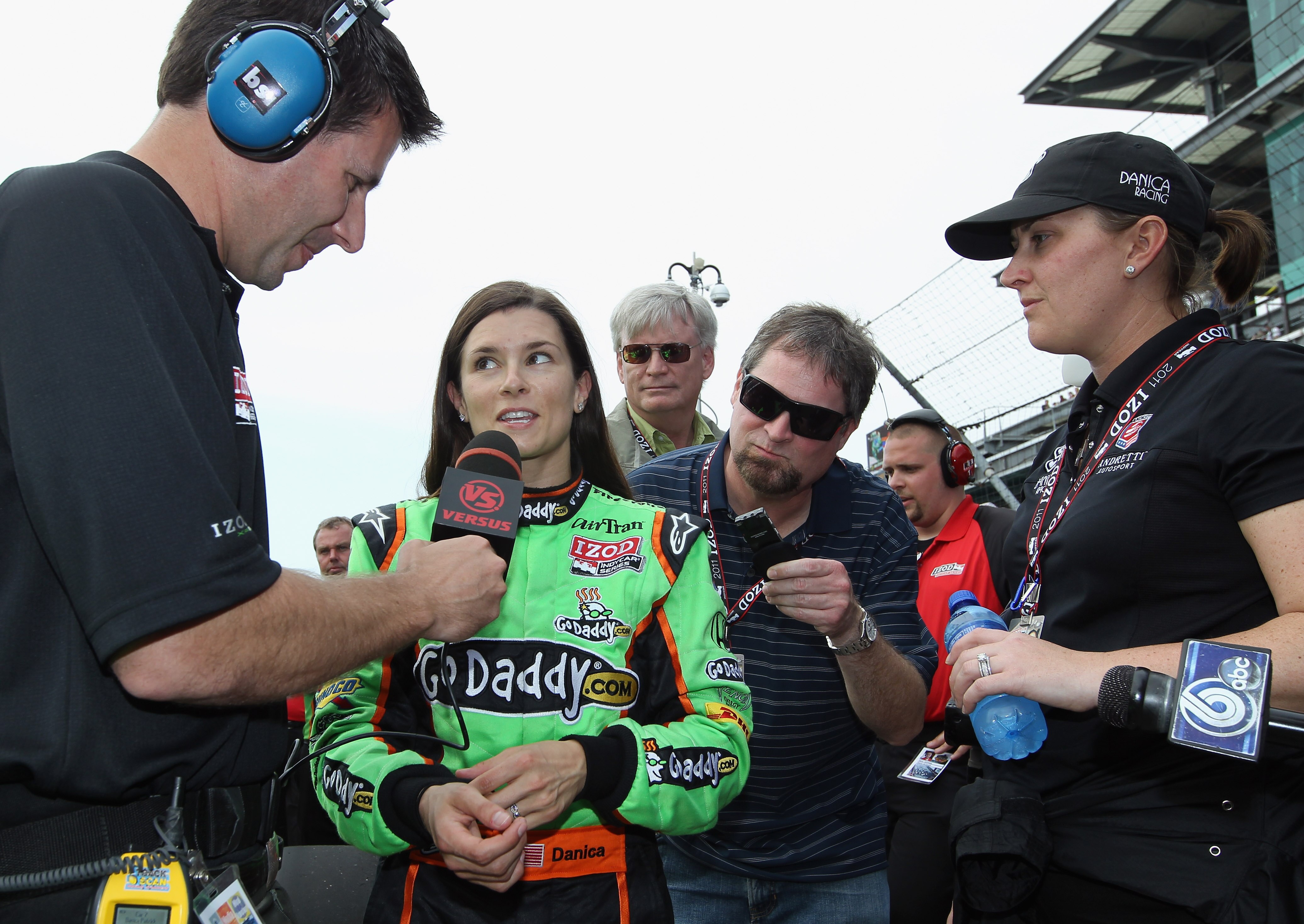 INDIANAPOLIS, IN - MAY 22:  Danica Patrick, driver of the #7 Team GoDaddy Dallara Honda, talks with the media after qualifying for the Indianapolis 500 on May 22, 2011 at Indianapolis Motor Speedway in Indianapolis, Indiana.  (Photo by Jamie Squire/Getty