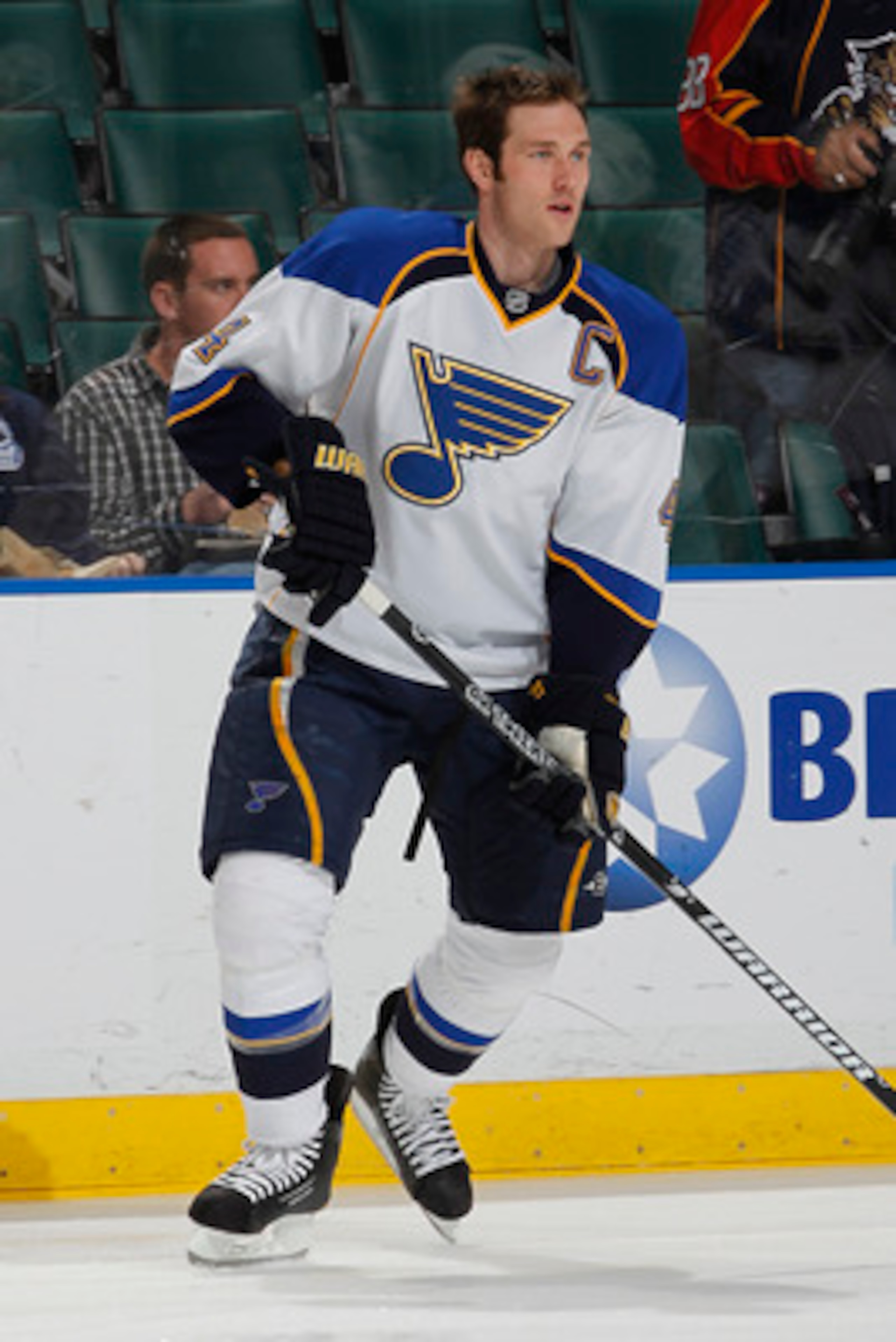 SUNRISE, FL - FEBRUARY 8: Eric Brewer #4 of the St. Louis Blues skates prior to the NHL game against the Florida Panthers on February 8, 2011 at the BankAtlantic Center in Sunrise, Florida. The Blues defeated the Panthers 2-1. (Photo by Joel Auerbach/Gett