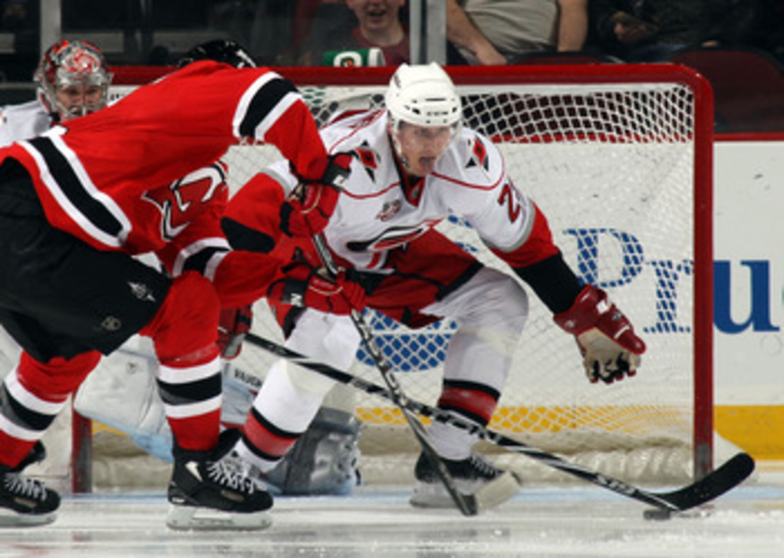 NEWARK, NJ - FEBRUARY 16: Joni Pitkanen #25 of the Carolina Hurricanes skates against the New Jersey Devils at the Prudential Center on February 16, 2011 in Newark, New Jersey.  (Photo by Bruce Bennett/Getty Images)