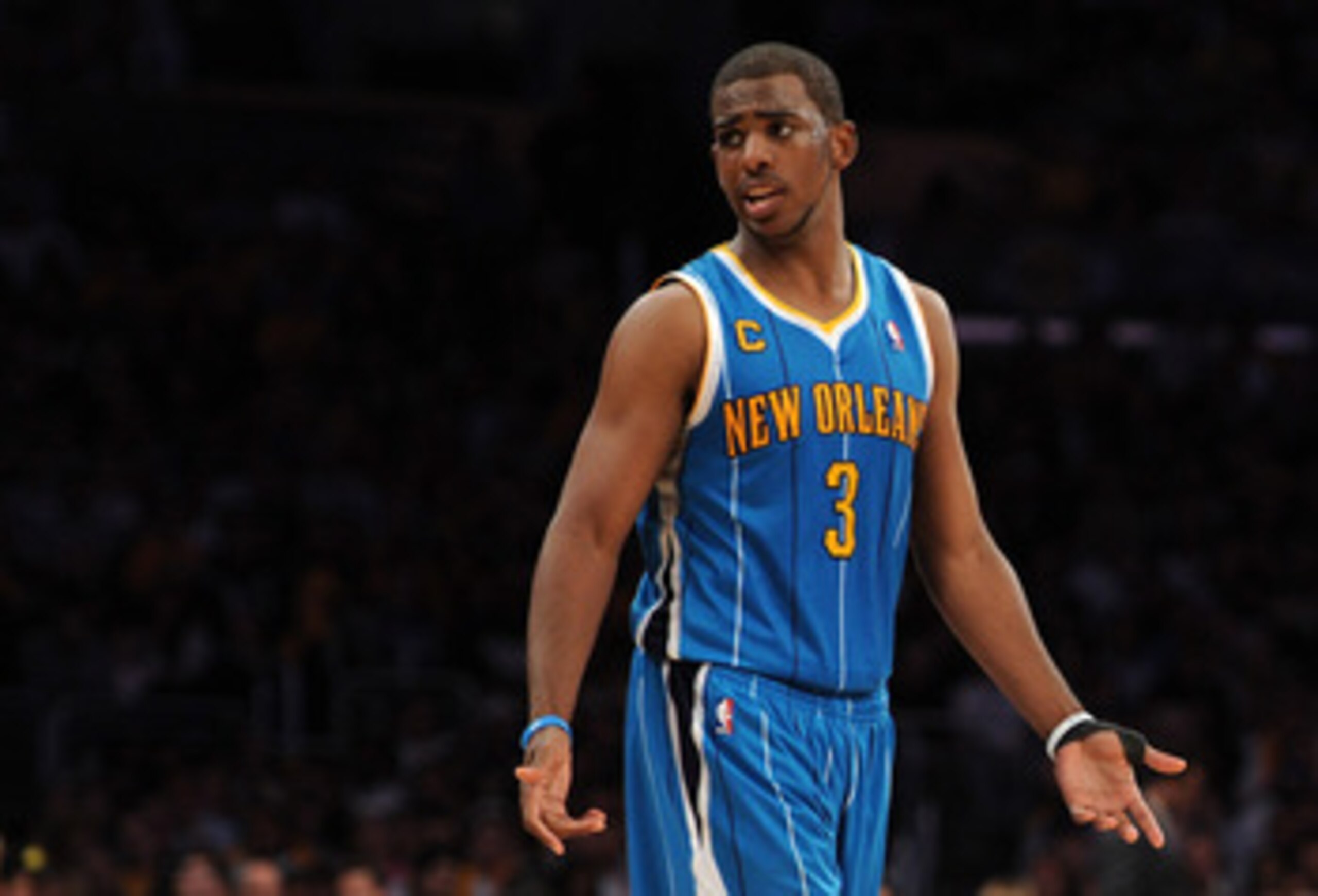 LOS ANGELES, CA - APRIL 26:  Chris Paul #3 of the New Orleans Hornets reacts late in the fourth quarter while taking on the Los Angeles Lakers in Game Five of the Western Conference Quarterfinals in the 2011 NBA Playoffs on April 26, 2011 at Staples Cente