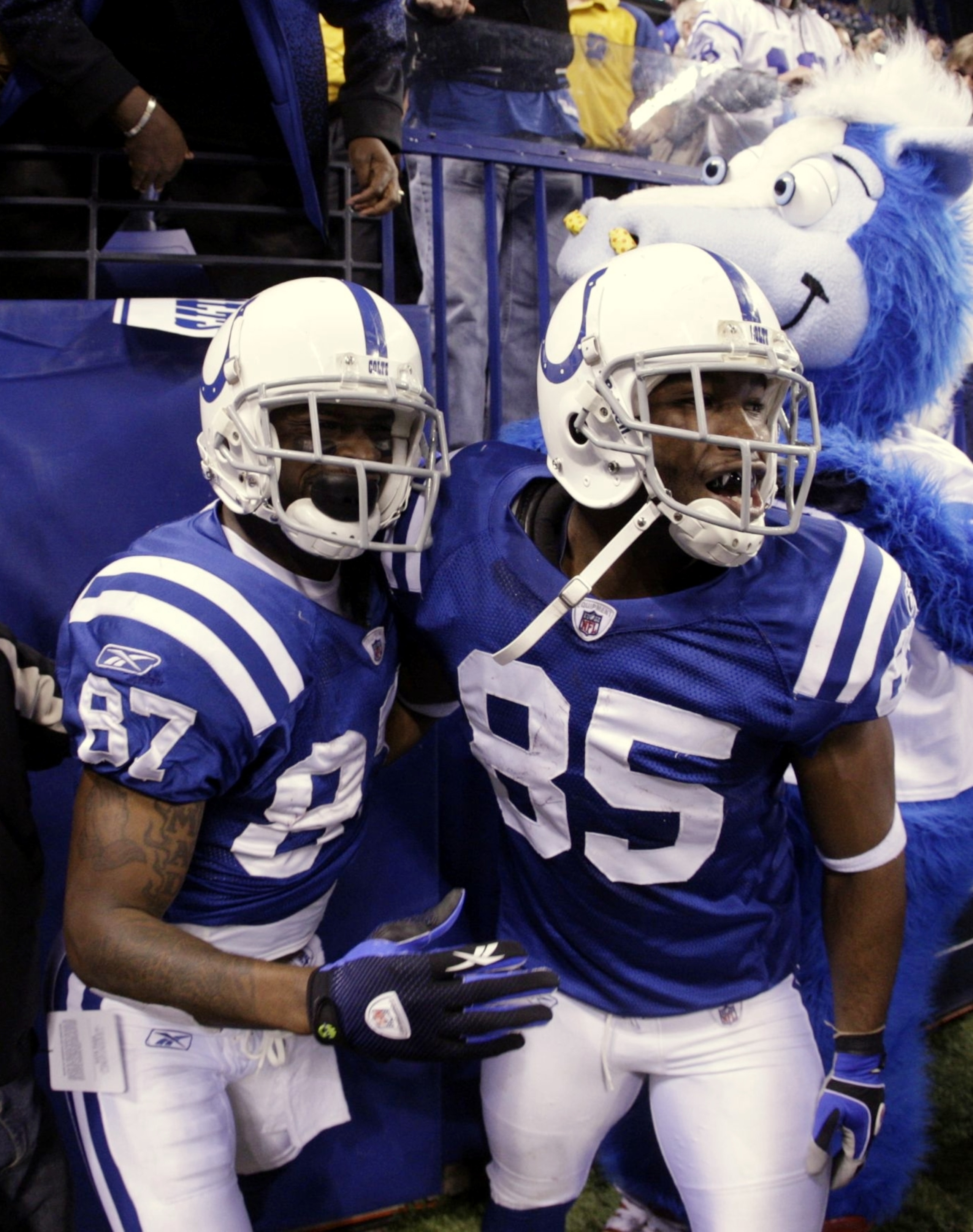 INDIANAPOLIS - NOVEMBER 15: Reggie Wayne #87 of the Indianapolis Colts celebrates his touchdown with teammate Pierre Garcon #85 in the fourth quarter of the game against the New England Patriots at Lucas Oil Stadium on November 15, 2009 in Indianapolis, INDIANAPOLIS - NOVEMBER 15: Reggie Wayne #87 of the Indianapolis Colts celebrates his touchdown with teammate Pierre Garcon #85 in the fourth quarter of the game against the New England Patriots at Lucas Oil Stadium on November 15, 2009 in Indianapolis,