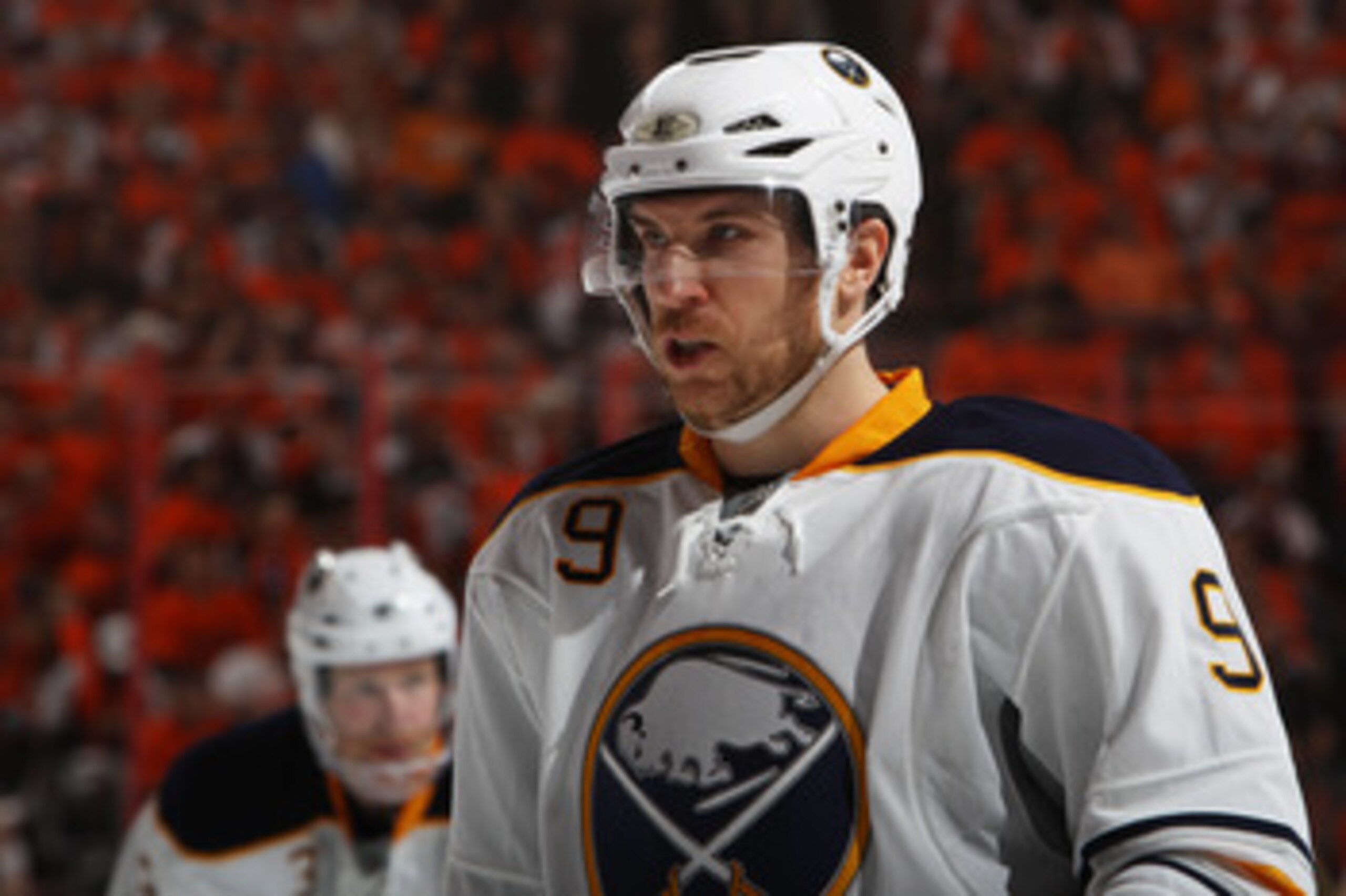 PHILADELPHIA, PA - APRIL 26:  Derek Roy #9 of the Buffalo Sabres looks on in Game Seven of the Eastern Conference Quarterfinals against the Philadelphia Flyers during the 2011 NHL Stanley Cup Playoffs at Wells Fargo Center on April 26, 2011 in Philadelphi