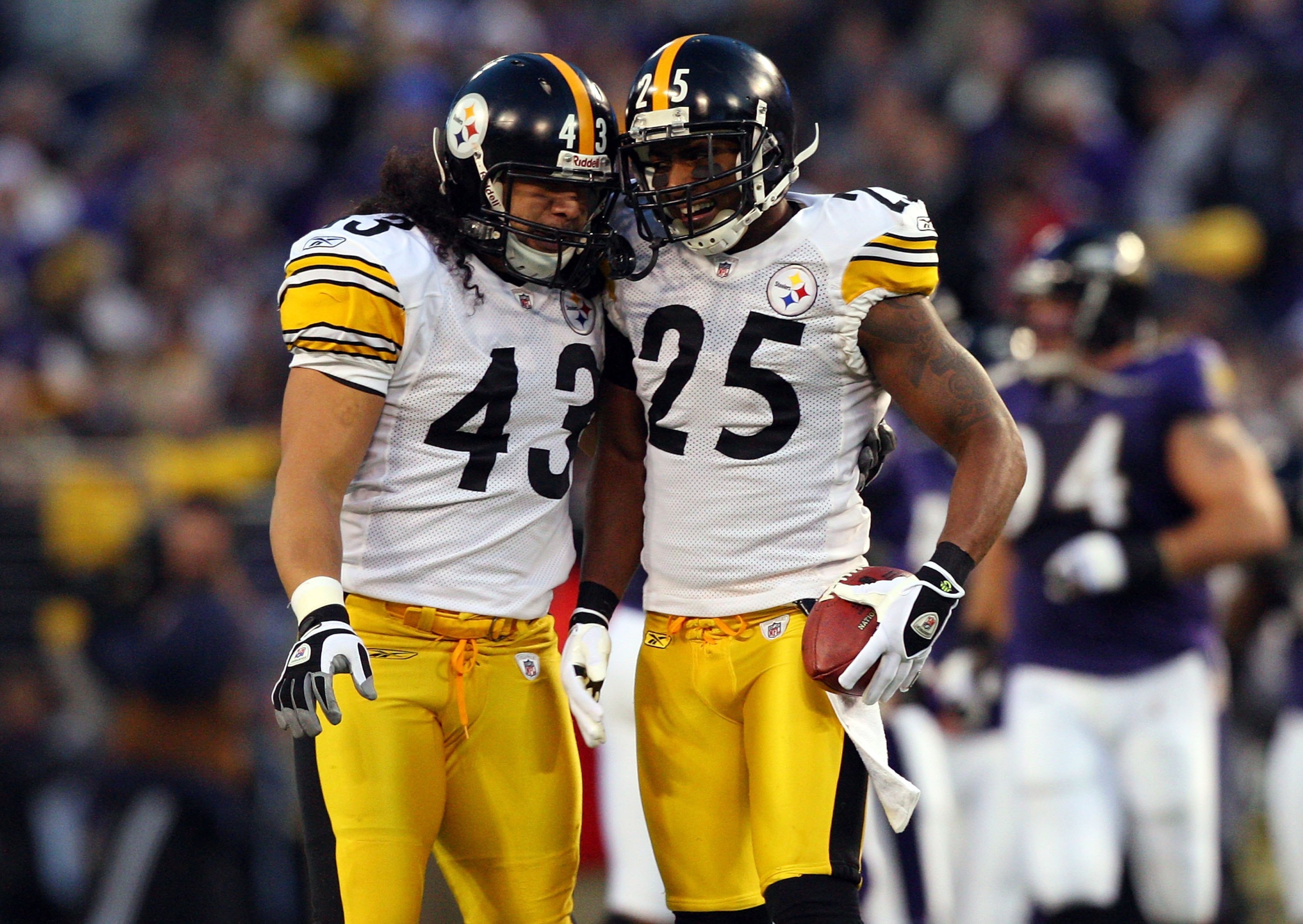 BALTIMORE - DECEMBER 14: Ryan Clark #25 of the Pittsburgh Steelers celebrates his interception against the Baltimore Ravens with teammate Troy Polamalu #43 on December 14, 2008 at M&T Bank Stadium in Baltimore, Maryland. (Photo by Jim McIsaac/Getty Imag BALTIMORE - DECEMBER 14: Ryan Clark #25 of the Pittsburgh Steelers celebrates his interception against the Baltimore Ravens with teammate Troy Polamalu #43 on December 14, 2008 at M&T Bank Stadium in Baltimore, Maryland. (Photo by Jim McIsaac/Getty Imag