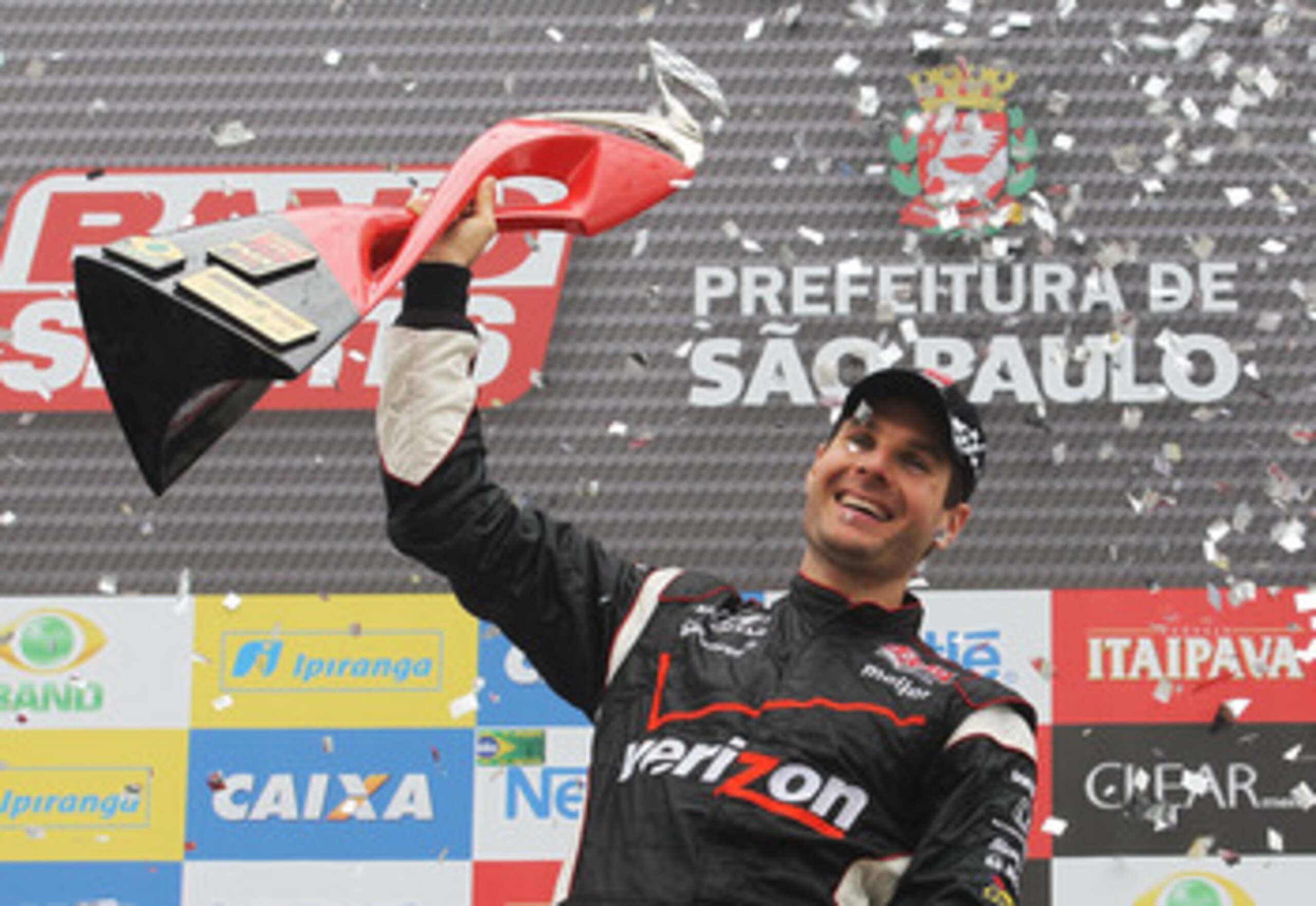 SAO PAULO, BRAZIL - MAY 02:  Will Power of Australia driver of the #12 Verizon Team Penske Dallara Honda celebrates winning the Itaipava Sao Paulo Indy 300  on May 2, 2011 in Sao Paulo, Brazil.  (Photo by Nick Laham/Getty Images)