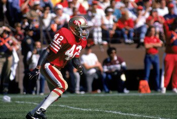 SAN FRANCISCO - OCTOBER 2:  Defenseman Ronnie Lott #42 of the San Francisco 49ers follows the offense during a game against the Detroit Lions at Candlestick Park on October 2, 1988 in San Francisco, California.  The Niners defeated the Lions 20-13.  (Phot
