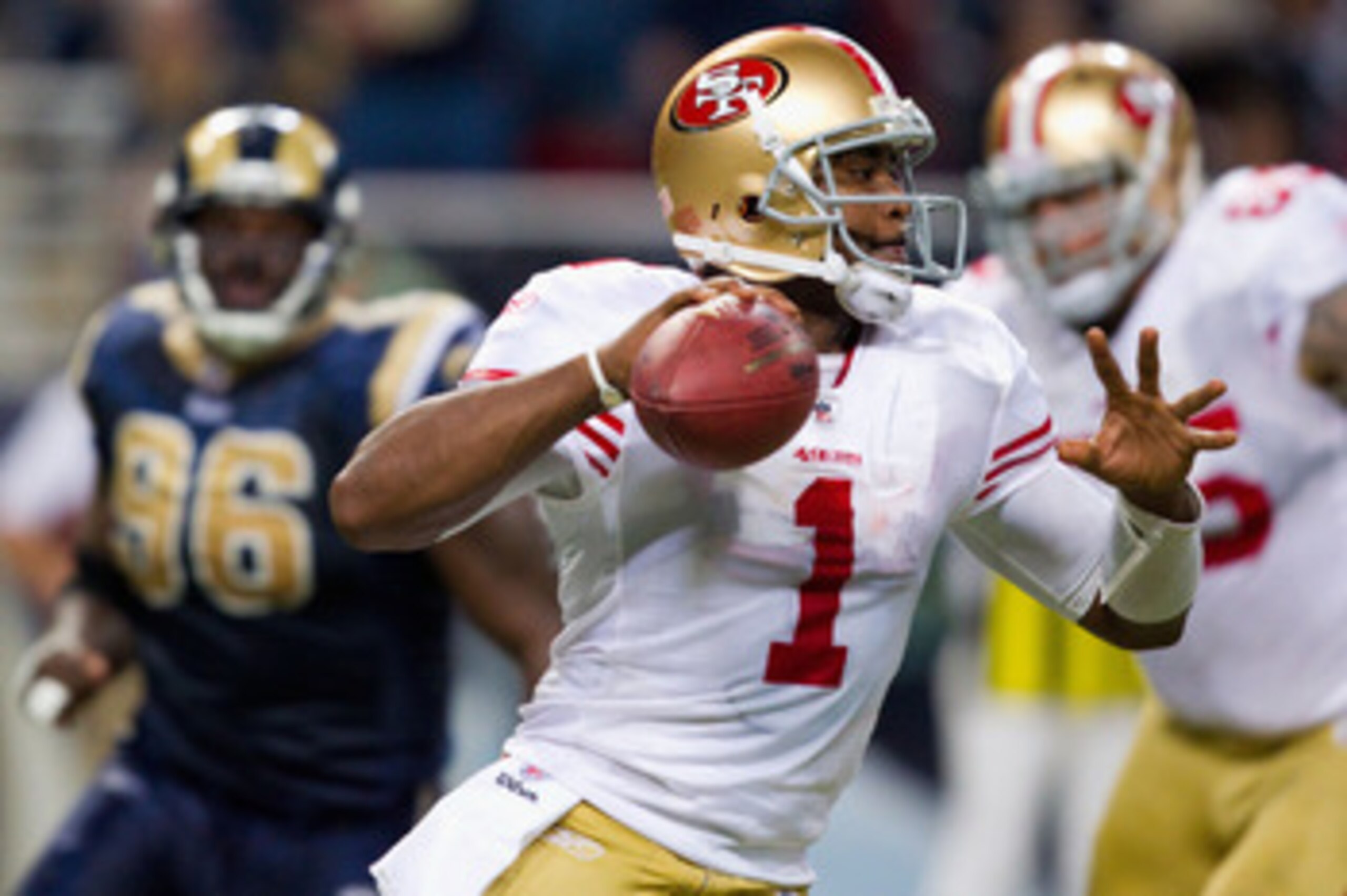 ST. LOUIS, MO - DECEMBER 26: Troy Smith #1 of the San Francisco 49ers looks to pass against the St. Louis Rams at the Edward Jones Dome on December 26, 2010 in St. Louis, Missouri. The Rams beat the 49ers 25-17. (Photo by Dilip Vishwanat/Getty Images)