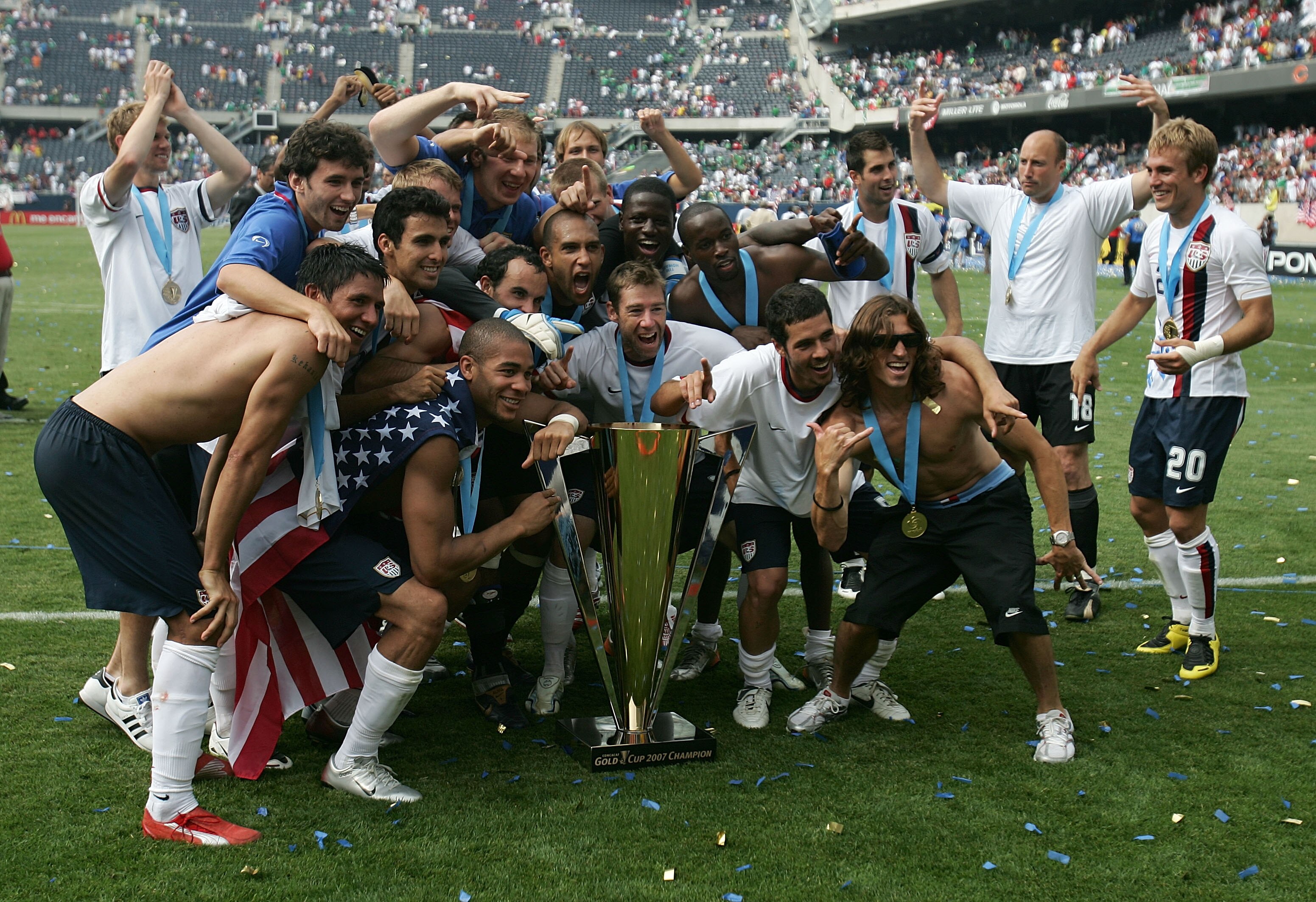 CHICAGO - JUNE 24:  Team USA celebrates with the trophy after their 2-1 win against Mexico during the CONCACAF Gold Cup Final match at Soldier Field on June 24, 2007 in Chicago, Illinois.  (Photo by Jonathan Daniel/Getty Images)
