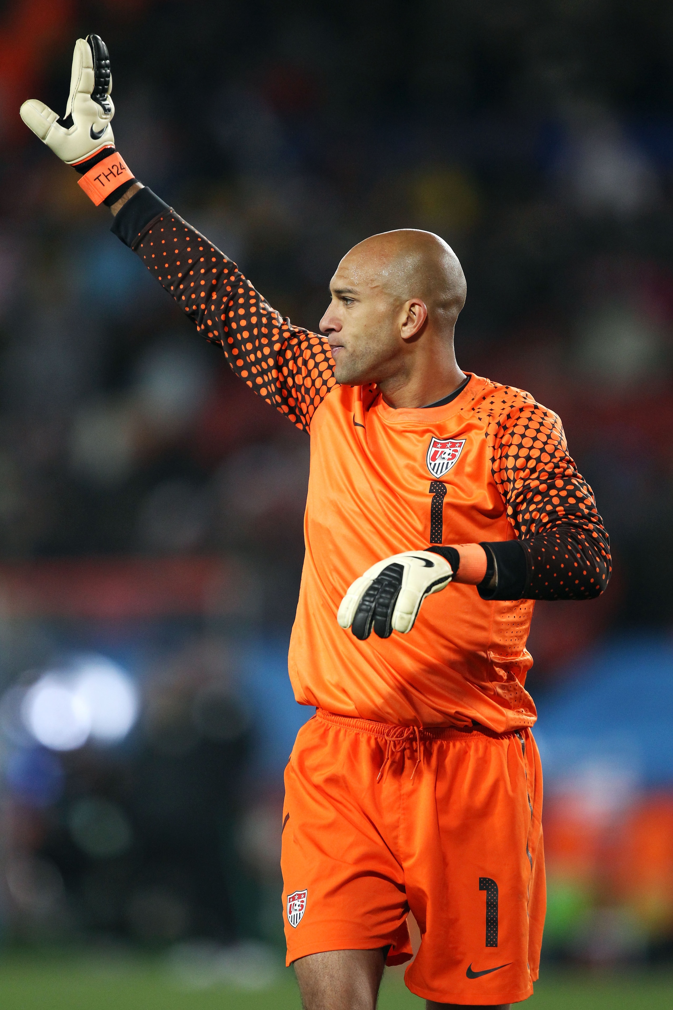 JOHANNESBURG, SOUTH AFRICA - JUNE 18:  Tim Howard of the United States waves to fans after the 2010 FIFA World Cup South Africa Group C match between Slovenia and USA at Ellis Park Stadium on June 18, 2010 in Johannesburg, South Africa.  (Photo by Streete
