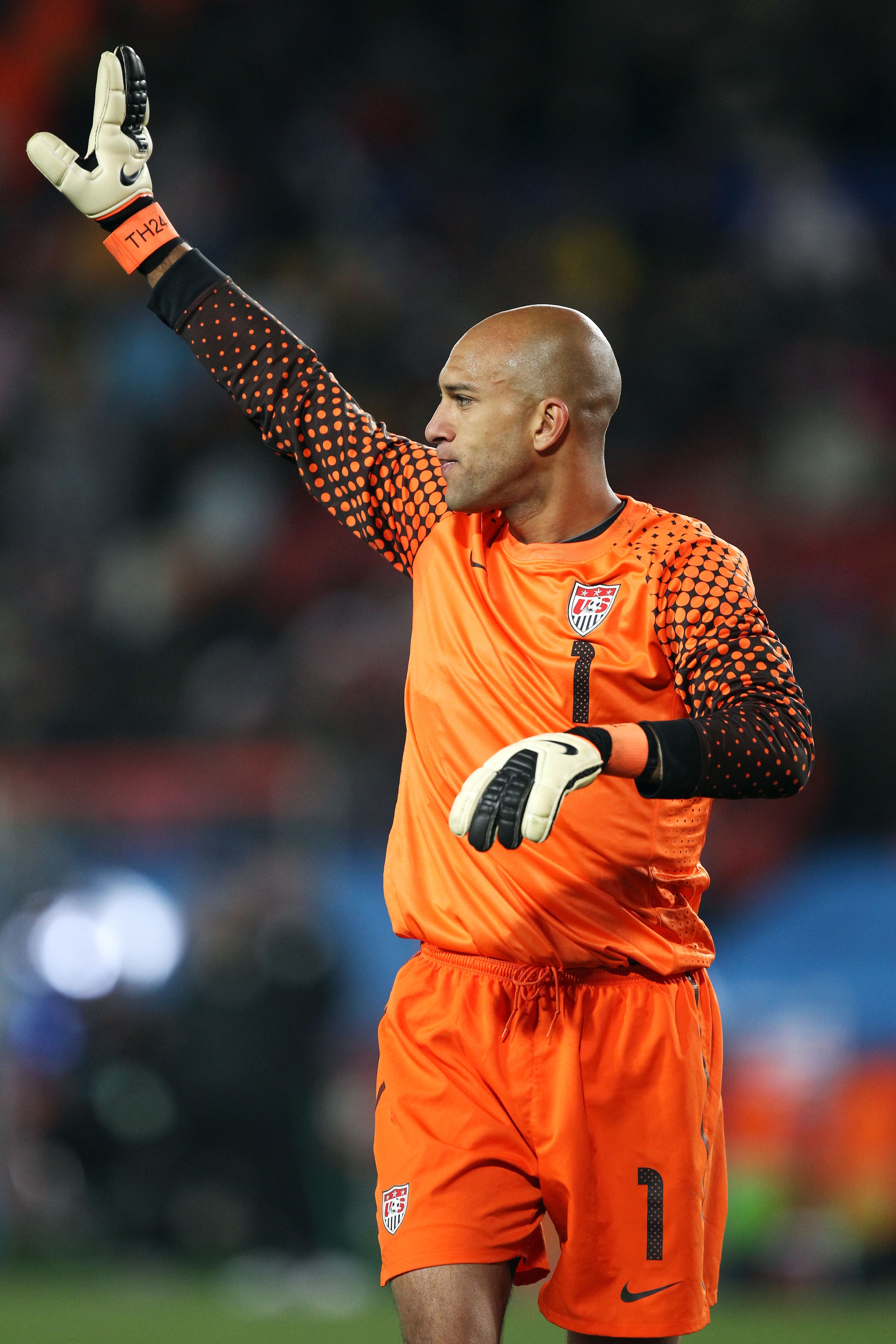 JOHANNESBURG, SOUTH AFRICA - JUNE 18:  Tim Howard of the United States waves to fans after the 2010 FIFA World Cup South Africa Group C match between Slovenia and USA at Ellis Park Stadium on June 18, 2010 in Johannesburg, South Africa.  (Photo by Streete