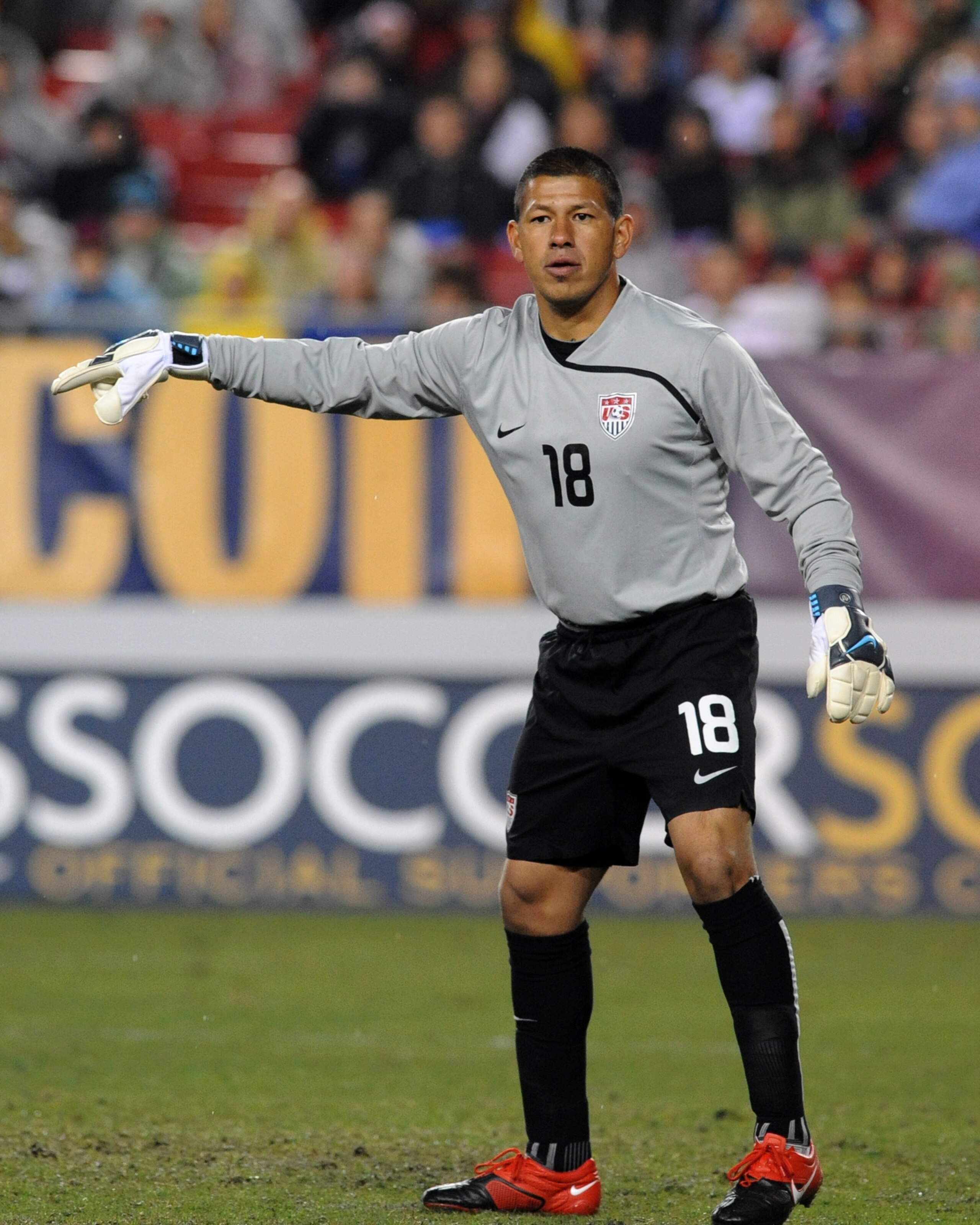TAMPA - FEBRUARY 24: Goal keeper Nick Rimando #18 of the U. S. Men's Soccer Team directs play against El Salvador February 24, 2010 at Raymond James Stadium in Tampa, Florida. (Photo by Al Messerschmidt/Getty Images)
