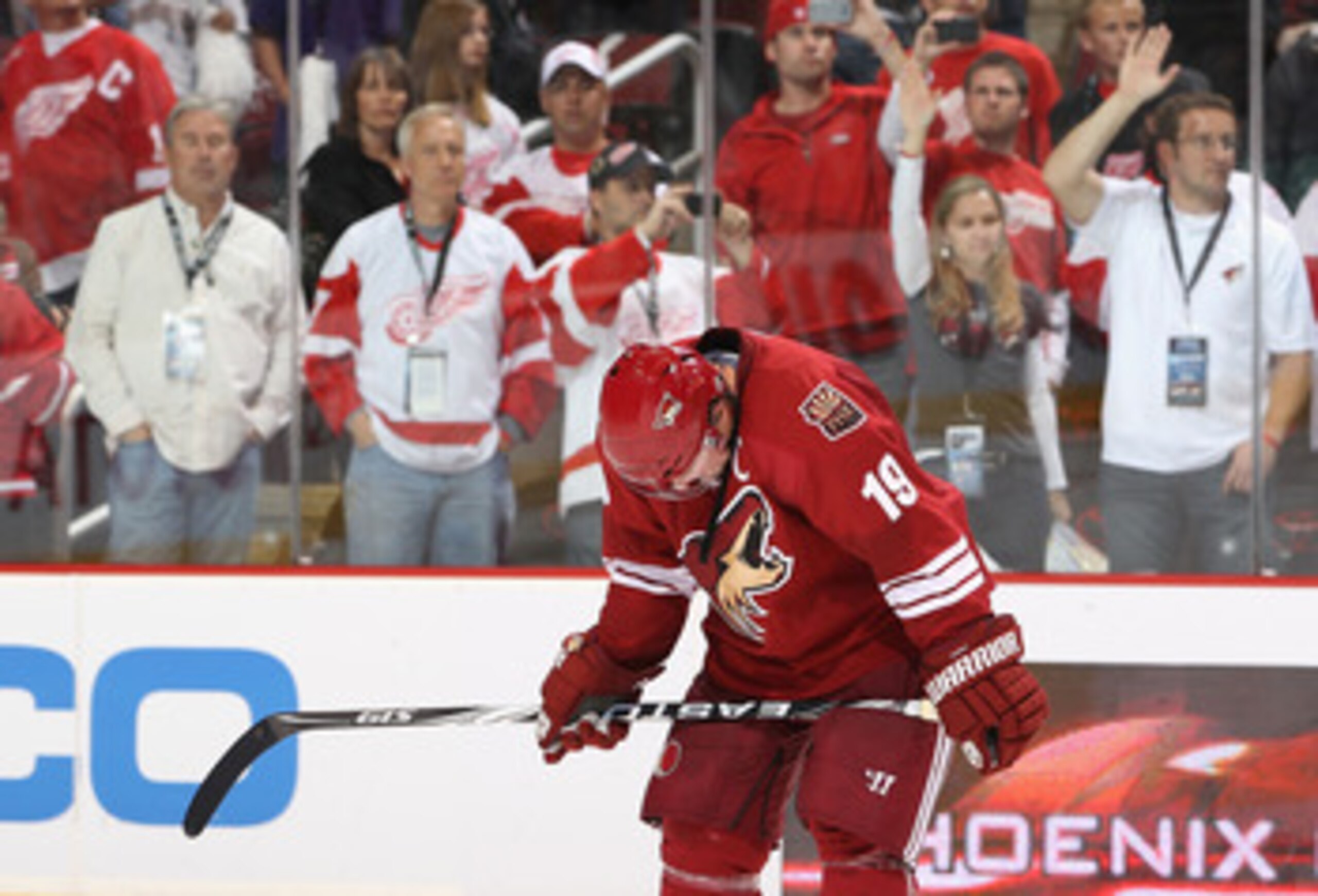 GLENDALE, AZ - APRIL 20:  Shane Doan #19 of the Phoenix Coyotes reacts after being defeated by the Detroit Red Wings in Game Four of the Western Conference Quarterfinals during the 2011 NHL Stanley Cup Playoffs at Jobing.com Arena on April 20, 2011 in Gle