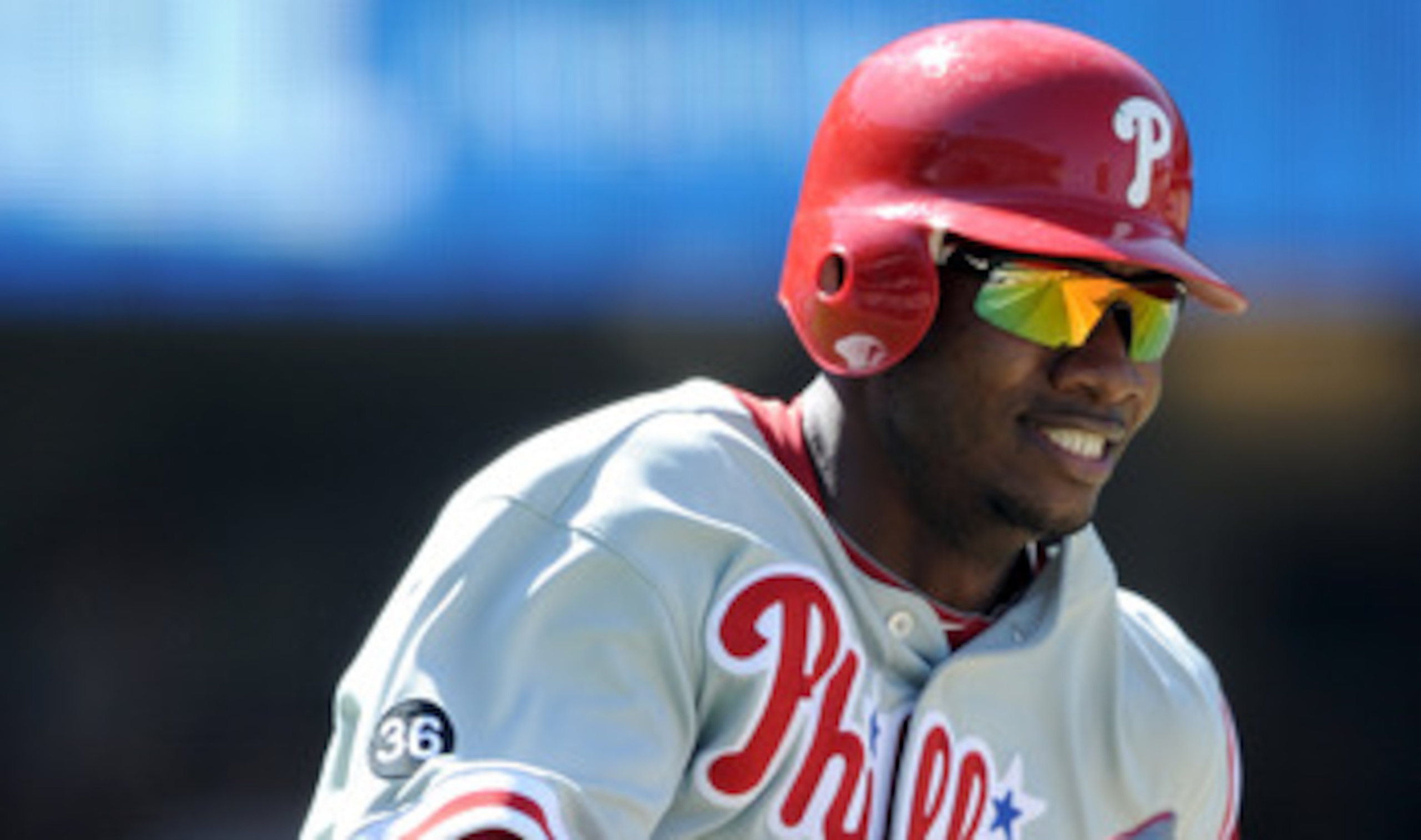 LOS ANGELES, CA - SEPTEMBER 01:  Dominic Brown #9 of the Philadelphia Phillies hits a double against the Los Angeles Dodgers at Dodger Stadium on September 1, 2010 in Los Angeles, California.  (Photo by Harry How/Getty Images)