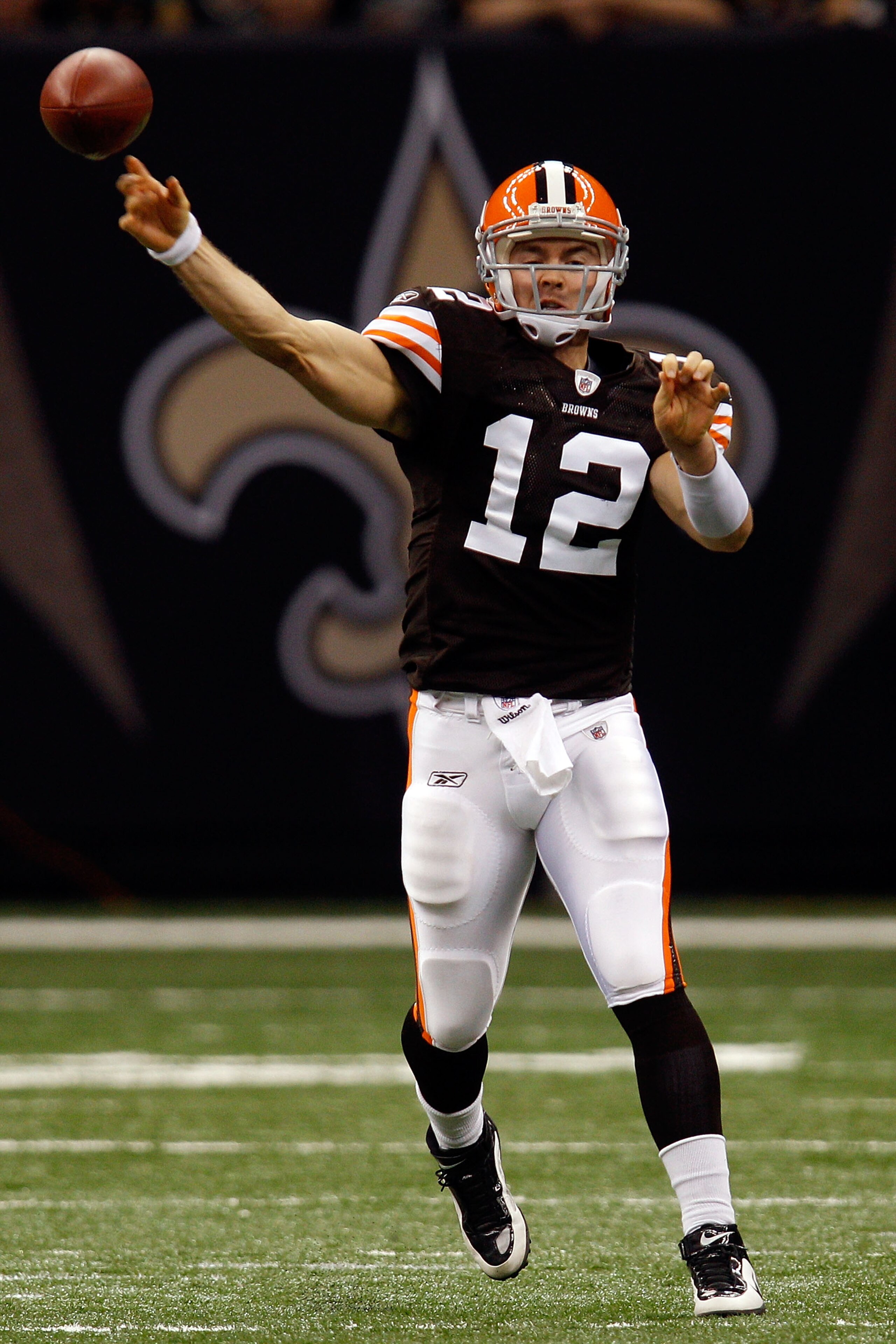 NEW ORLEANS - OCTOBER 24:  Colt McCoy #12 of the Cleveland Browns throws the ball against the New Orleans Saints at the Louisiana Superdome on October 24, 2010 in New Orleans, Louisiana.  The Browns defeated the Saints 30-17.  (Photo by Chris Graythen/Get