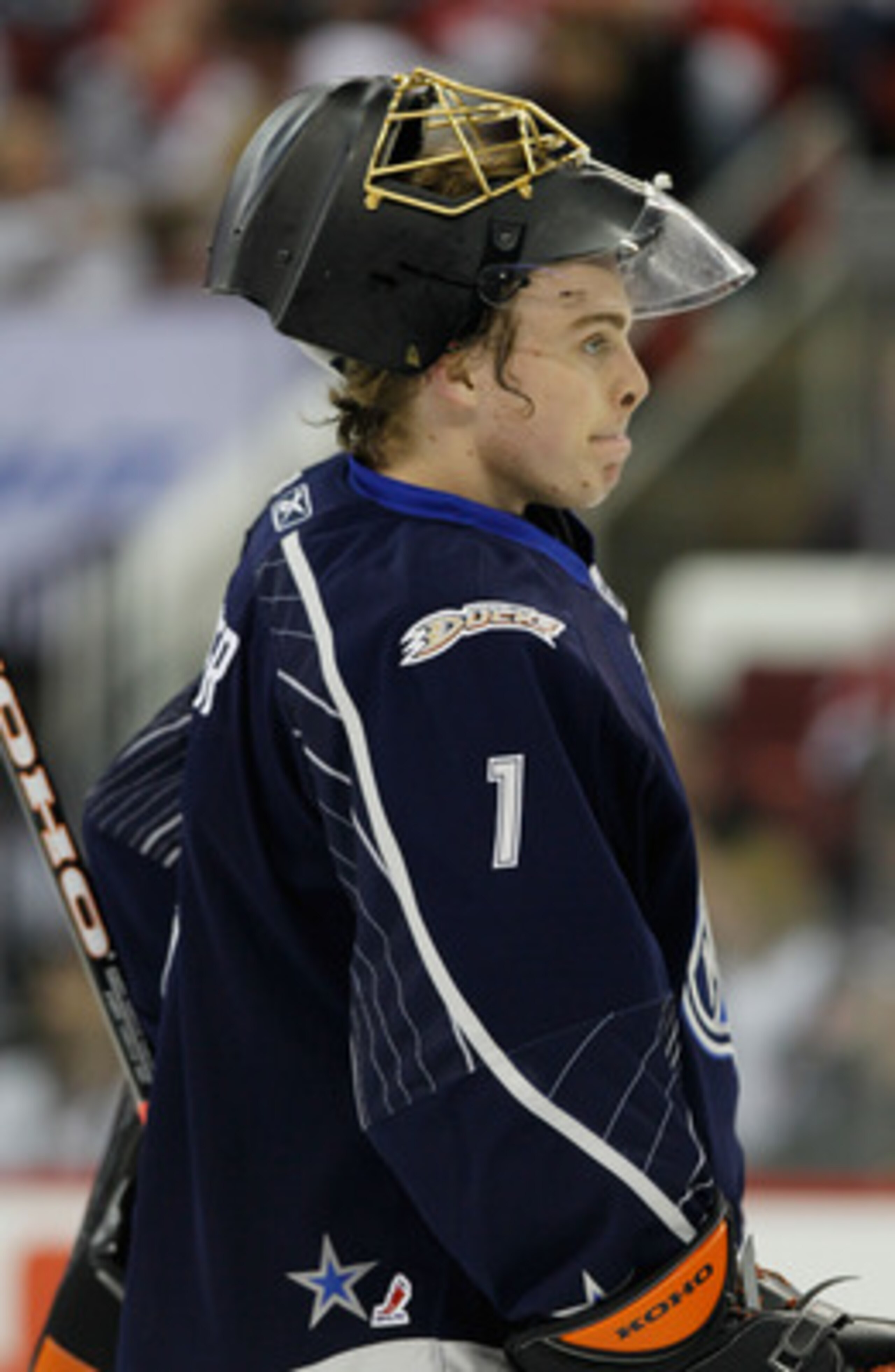 RALEIGH, NC - JANUARY 30:  Jonas Hiller #1 of the Anaheim Ducks and Team Lidstrom takes a break during their game against Team Staal in the 58th NHL All-Star Game at RBC Center on January 30, 2011 in Raleigh, North Carolina.  (Photo by Kevin C. Cox/Getty 