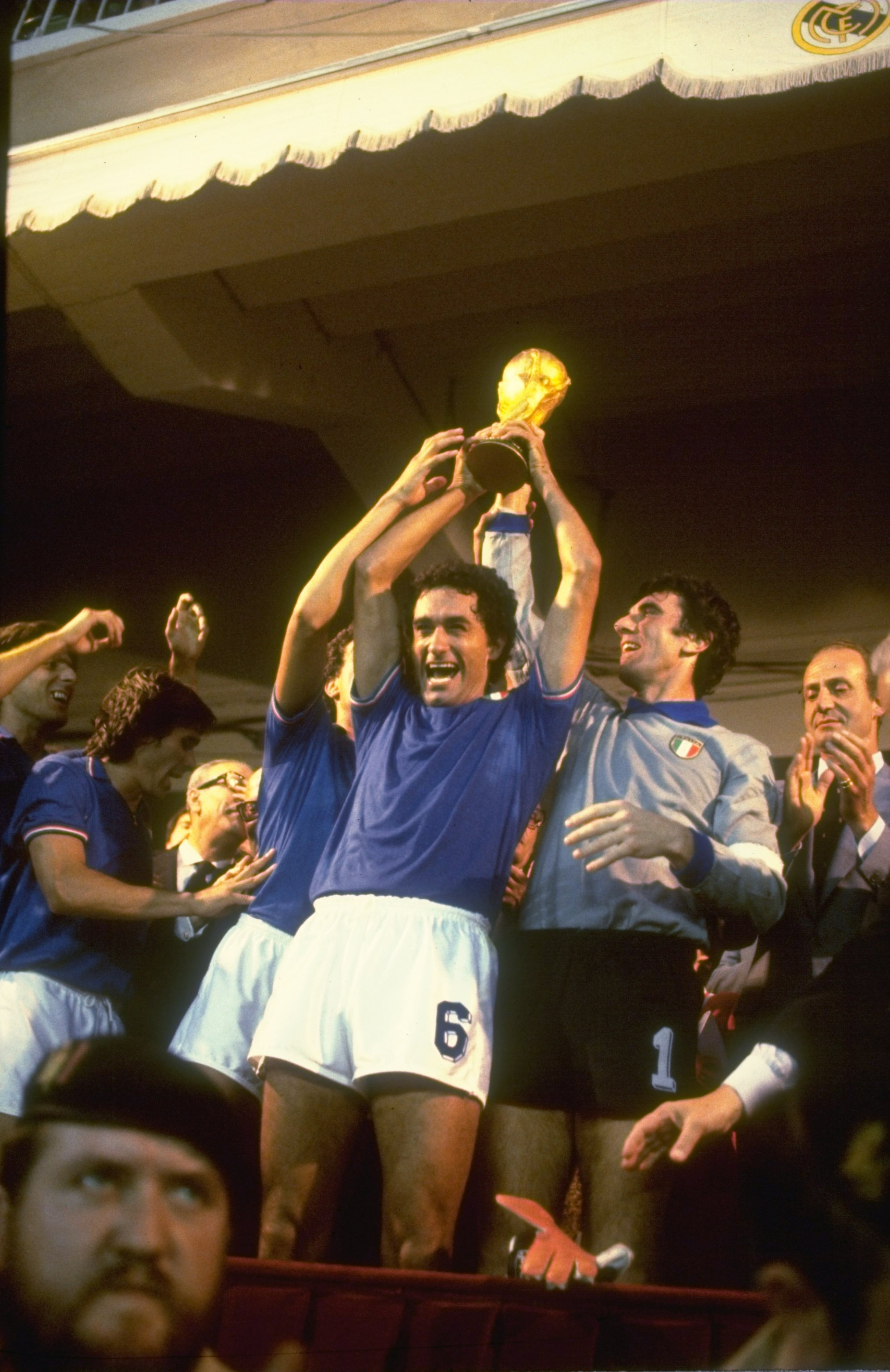 11 Jul 1982:  Scirea and Dino Zoff of Italy hold the trophy aloft after the World Cup final against West Germany at the Bernabeu Stadium in Madrid, Spain. Italy won the match 3-1. \ Mandatory Credit: Steve  Powell/Allsport