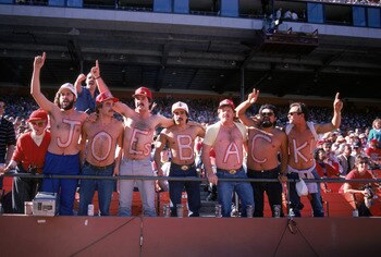SAN FRANCISCO - NOVEMBER 9:  Fans support quarterback Joe Montana #16 of the San Francisco 49ers during the game against St. Louis Cardinals on November 9, 1986 at Candlestick Park in San Francisco, California. The 49ers won 43-17. (Photo by George Rose/G