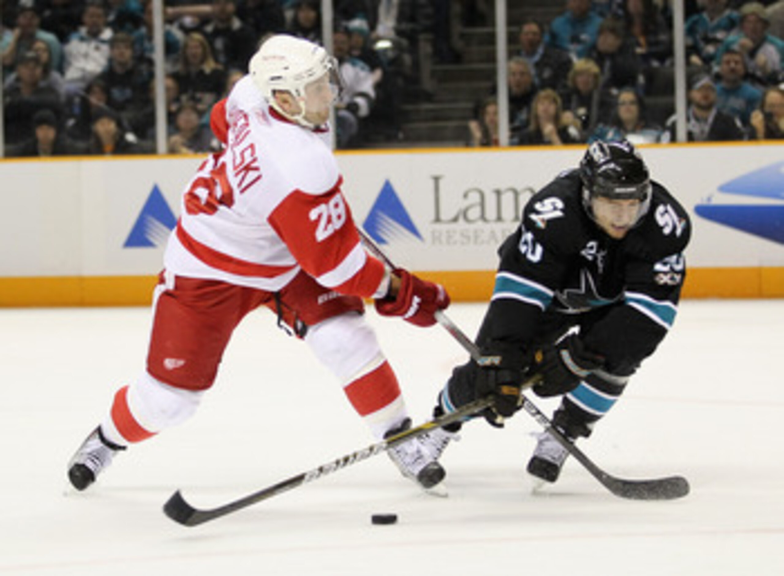 SAN JOSE, CA - MAY 08:  Kyle Wellwood #20 of the San Jose Sharks tries to stop Brian Rafalski #28 of the Detroit Red Wings in Game Five of the Western Conference Semifinals during the 2011 NHL Stanley Cup Playoffs at HP Pavilion on May 8, 2011 in San Jose
