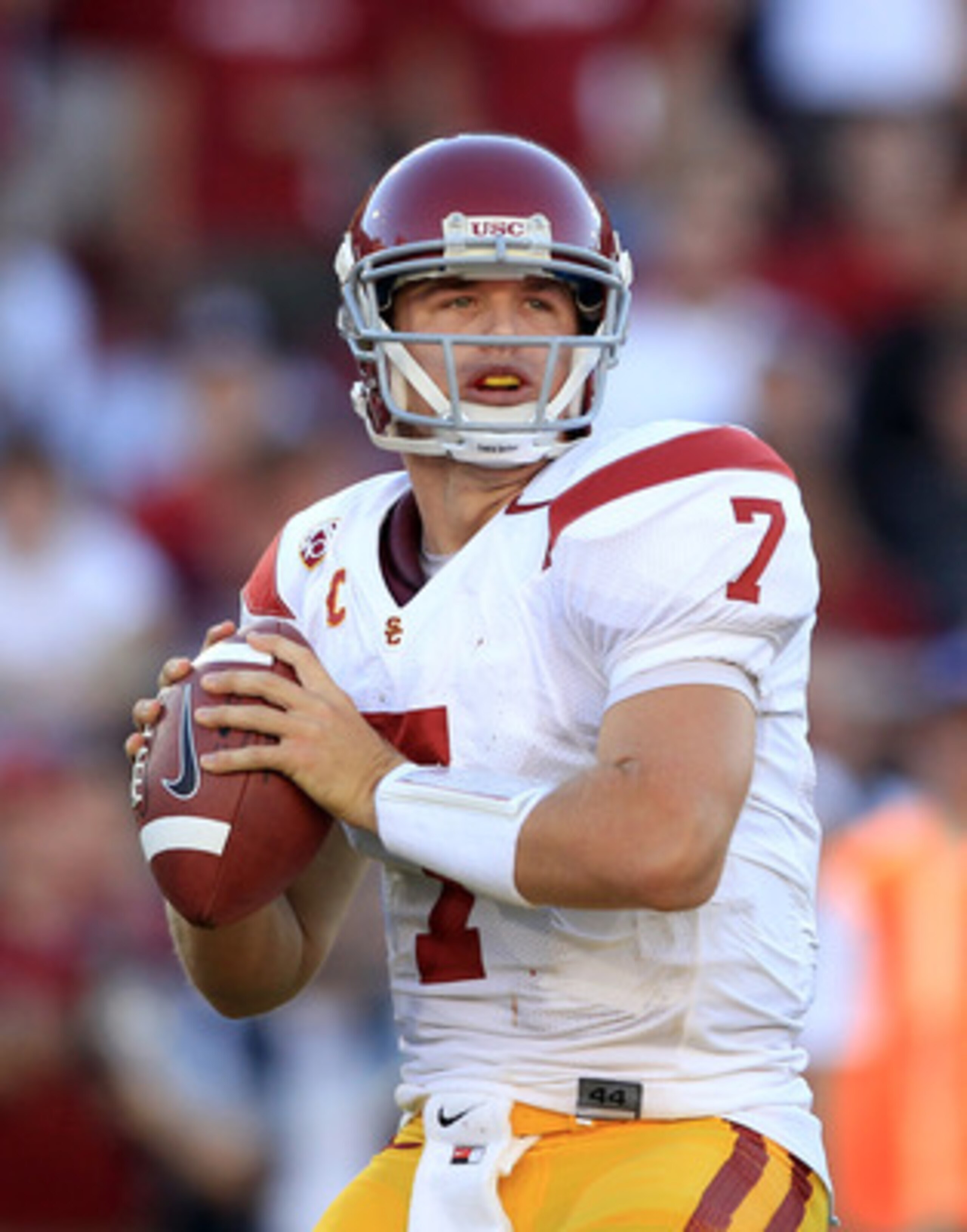 PALO ALTO, CA - OCTOBER 09:  Matt Barkley #7 of the USC Trojans passes the ball during their game against the Stanford Cardinal at Stanford Stadium on October 9, 2010 in Palo Alto, California.  (Photo by Ezra Shaw/Getty Images)