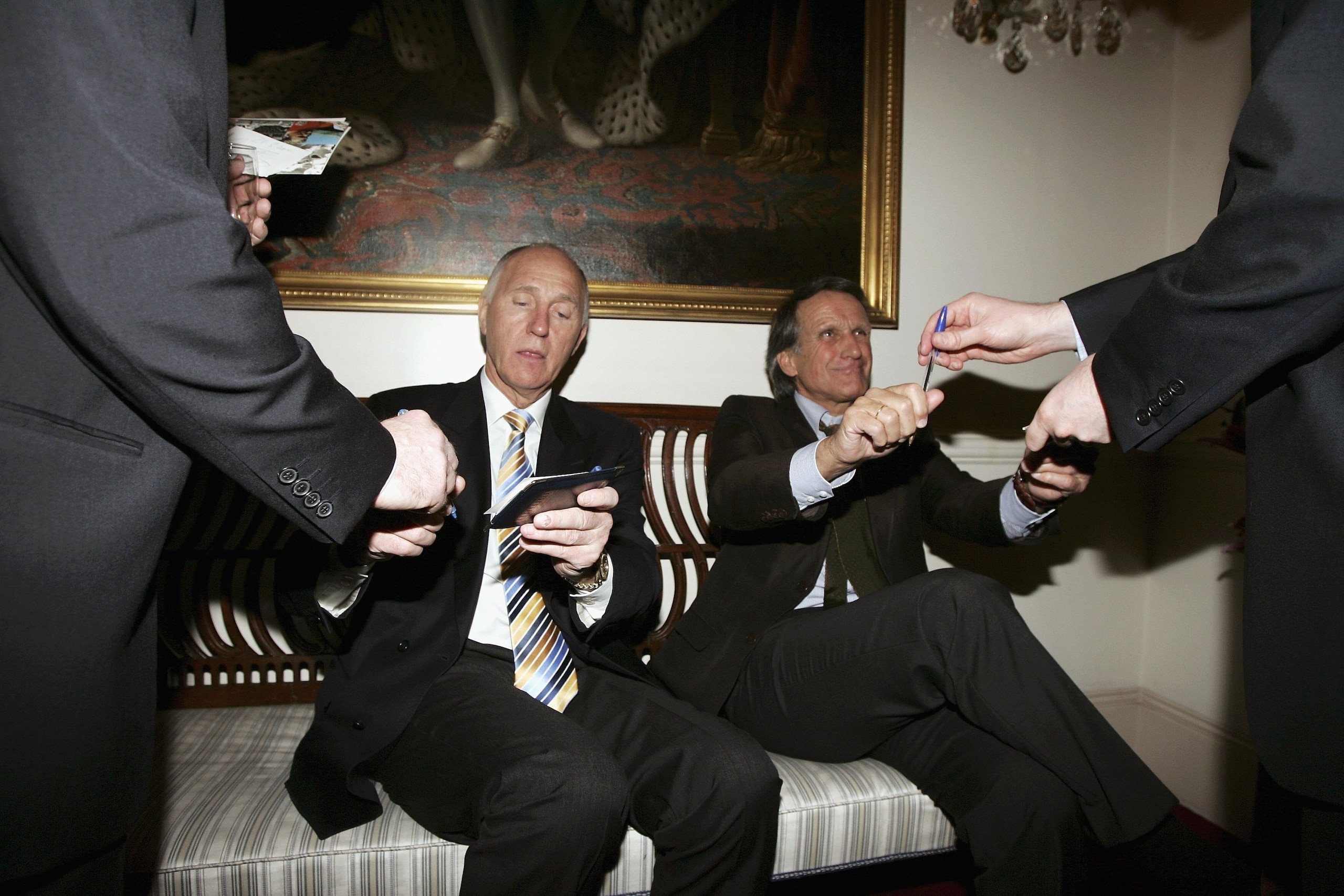 LONDON - MARCH 21:  Former footballer Wolfgang Overath (R), who played in the 1966 World Cup final, attends the Heroes '66 Reception as part of a series of events hosted by the German Embassy commemorating 40 years since England won the Jules Rimet trophy