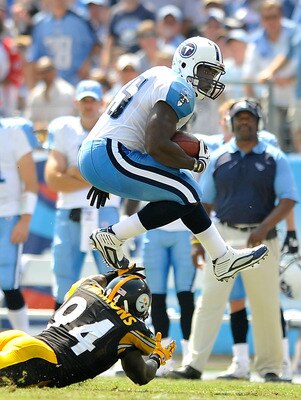NASHVILLE, TN - SEPTEMBER 19:  Ahmard Hall #45 of the Tennessee Titans hurdles Lawrence Timmons #94 of the Pittsburgh Steelers during the first half at LP Field on September 19, 2010 in Nashville, Tennessee.  (Photo by Grant Halverson/Getty Images)