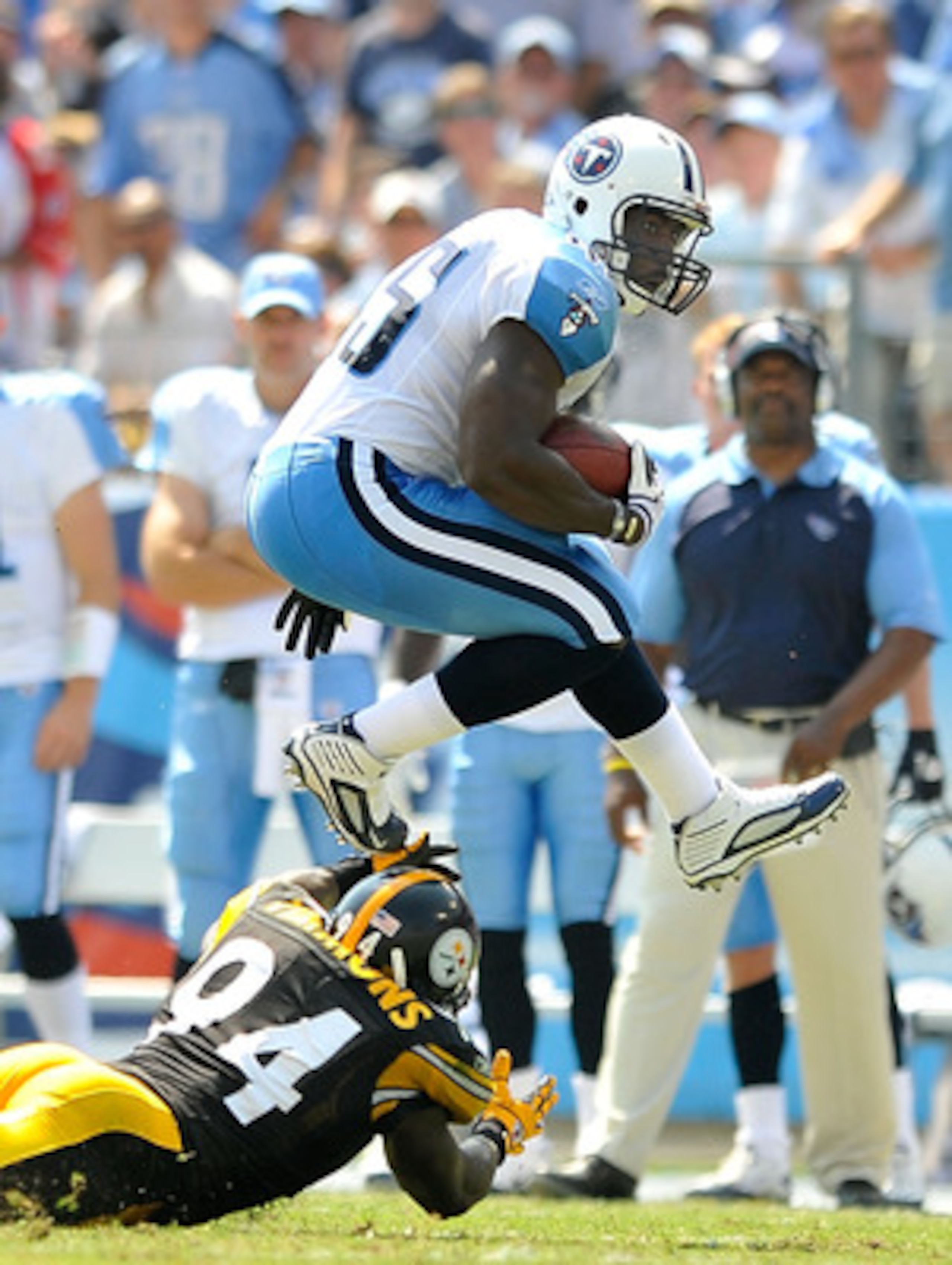 NASHVILLE, TN - SEPTEMBER 19:  Ahmard Hall #45 of the Tennessee Titans hurdles Lawrence Timmons #94 of the Pittsburgh Steelers during the first half at LP Field on September 19, 2010 in Nashville, Tennessee.  (Photo by Grant Halverson/Getty Images)