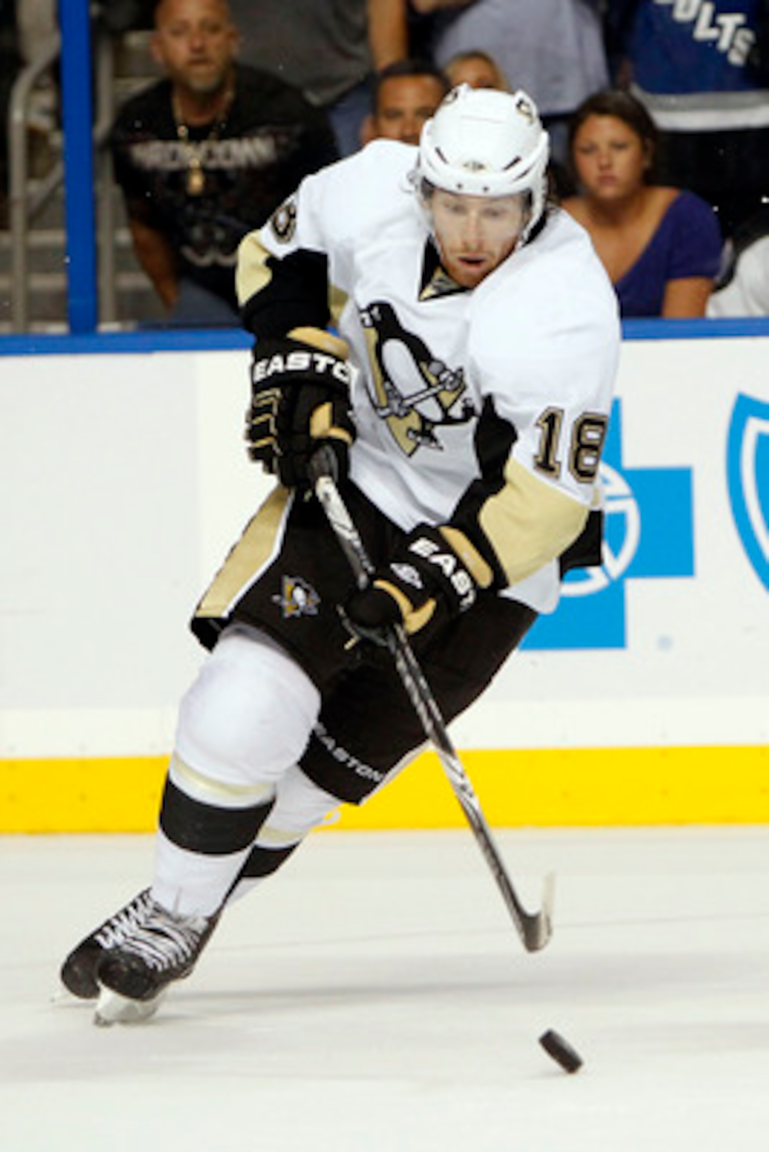 TAMPA, FL - APRIL 20: James Neal #18 of the Pittsburgh Penguins skates with the puck against the Tampa Bay Lightning in Game Four of the Eastern Conference Quarterfinals during the 2011 NHL Stanley Cup Playoffs at the St. Pete Times Forum on April 20, 201