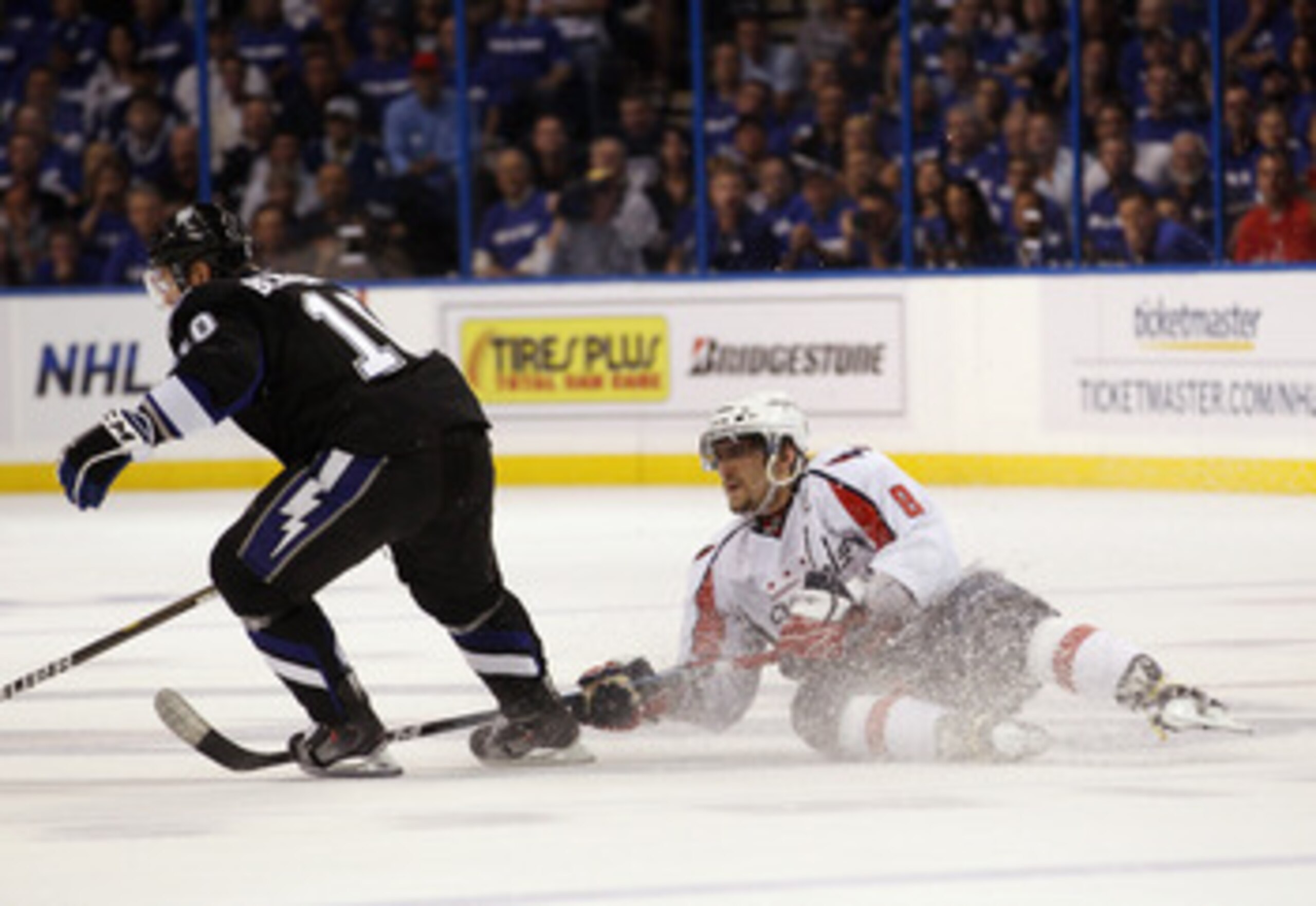 TAMPA, FL - MAY 03: Alex Ovechkin #8 of the Washington Capitals loses an edge against the Tampa Bay Lightning in Game Three of the Eastern Conference Semifinals during the 2011 NHL Stanley Cup Playoffs at St Pete Times Forum on May 3, 2011 in Tampa, Flori