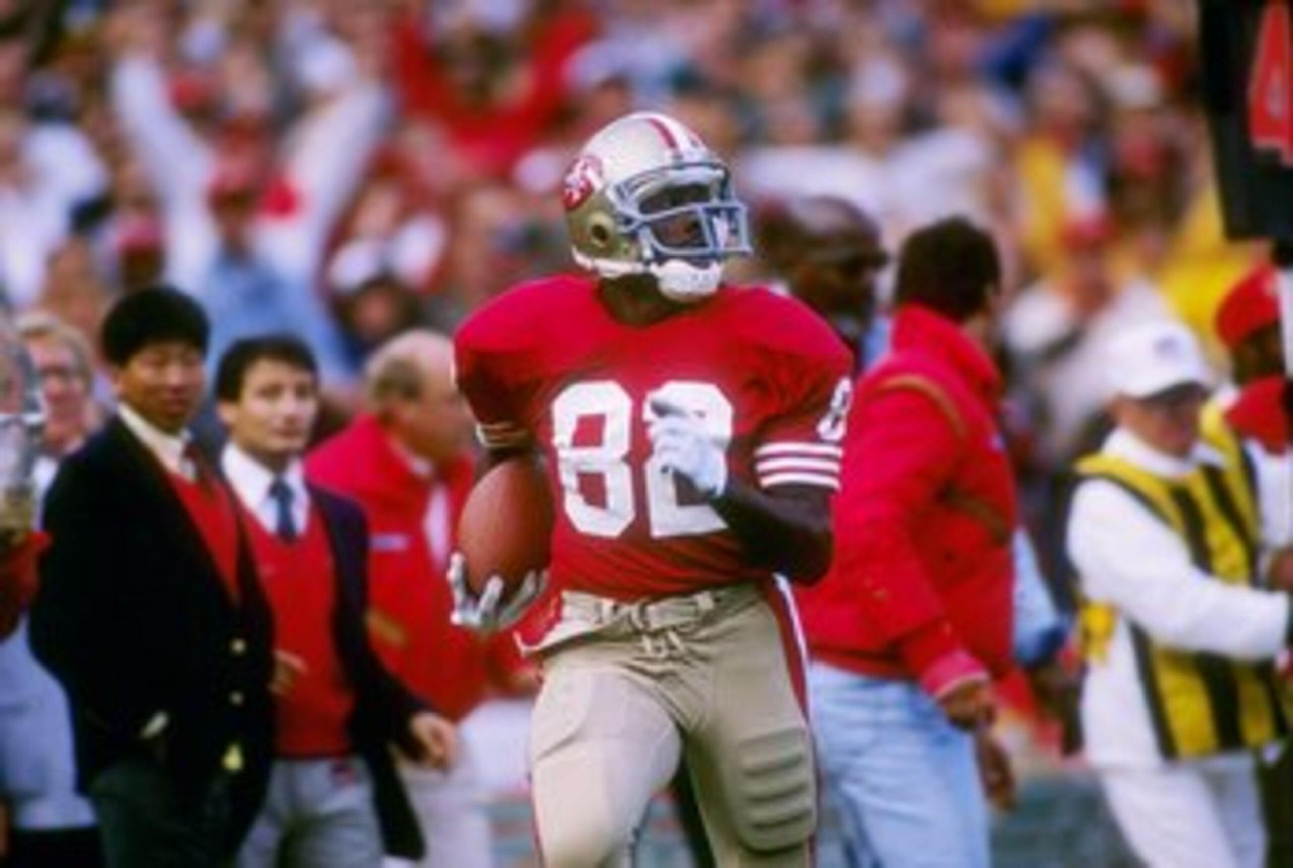 12 Nov 1989: Wide receiver John Taylor of the San Francisco 49ers runs down the field during a game against the Atlanta Falcons at Candlestick Park in San Francisco, California. The 49ers won the game 45-3.
