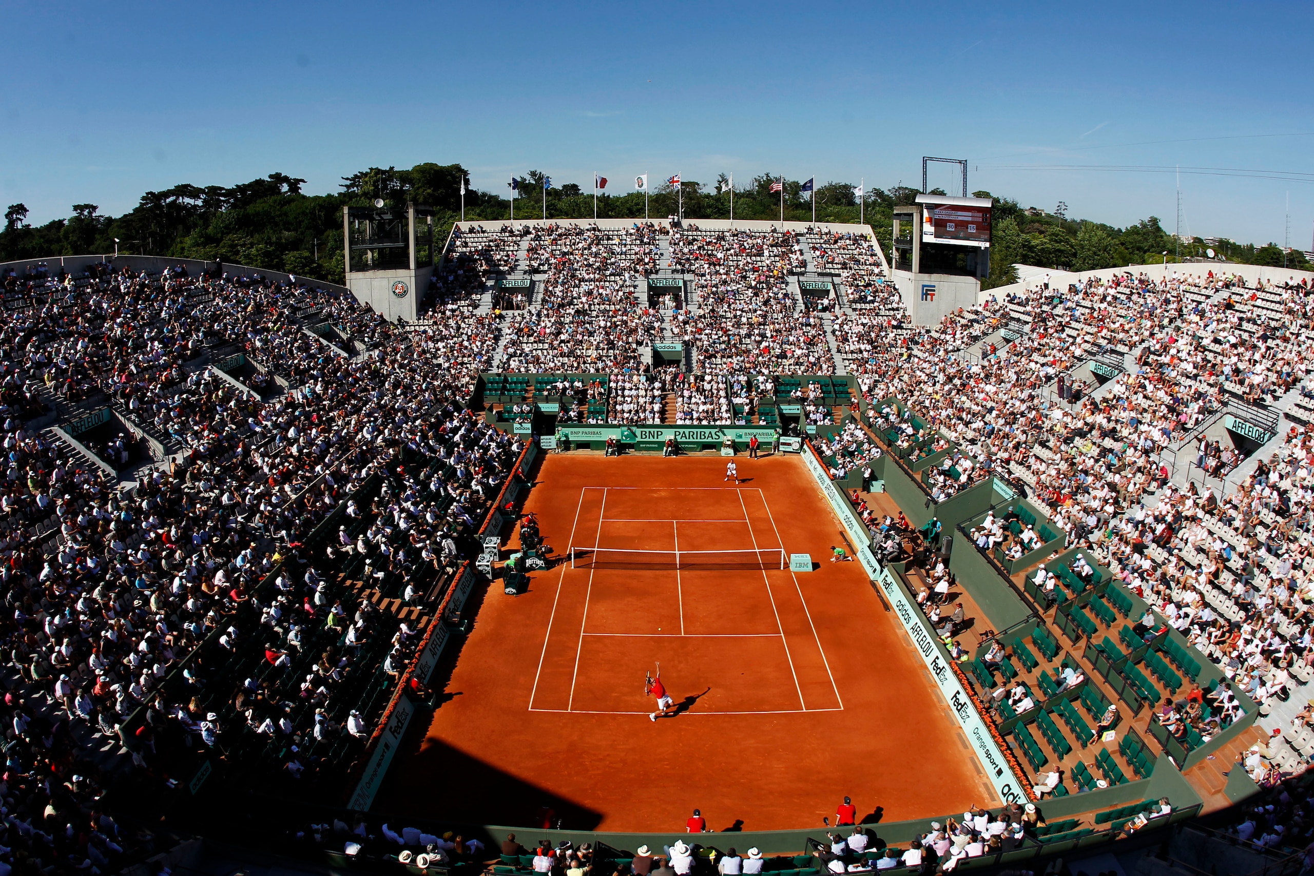PARIS, FRANCE - MAY 23:  A general view of Court Suzanne Lenglen as Richard Gasquet of France serves during the men's singles first round match between Richard Gasquet of France and Radek Stepanek of Czech Republic on day two of the French Open at Roland