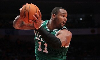 NEW YORK, NY - APRIL 24:  Glen Davis #11 of the Boston Celtics controls a rebound against the New York Knicks in Game Four of the Eastern Conference Quarterfinals during the 2011 NBA Playoffs on April 24, 2011 at Madison Square Garden in New York City. Th