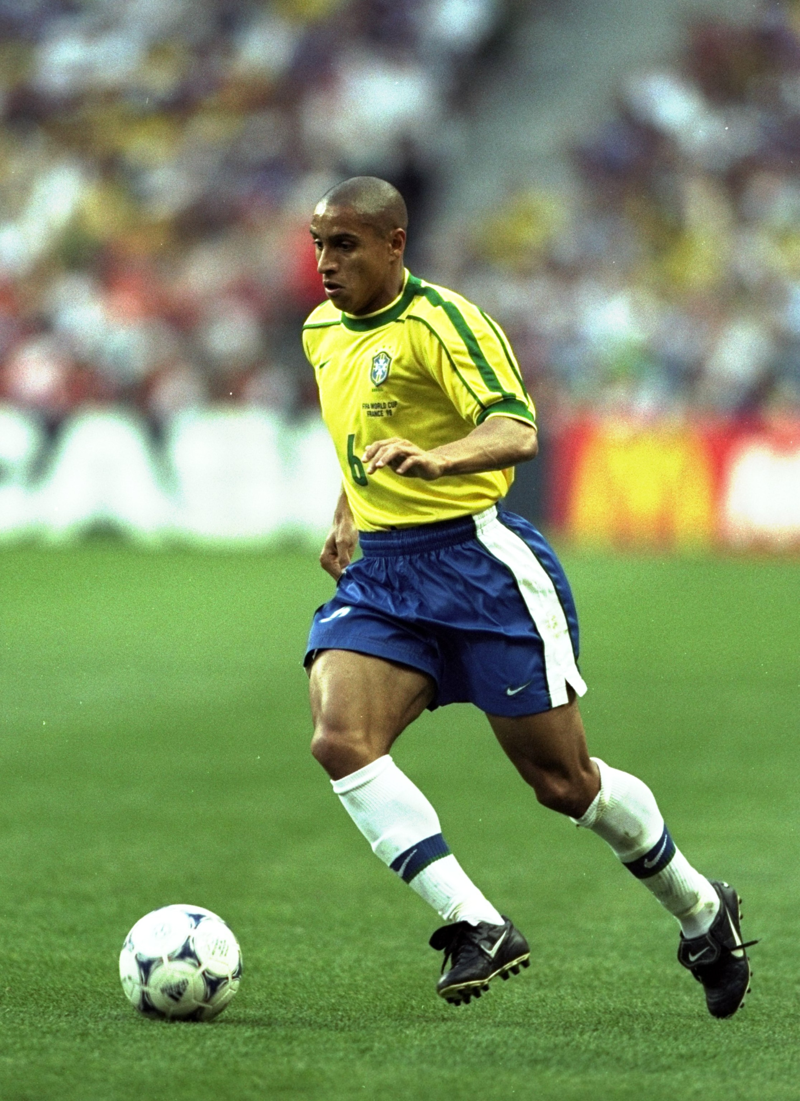 12 Jul 1998:  Roberto Carlos of Brazil on the ball during the World Cup Final against France at the Stade de France in St Denis. France won 3-0.  \ Mandatory Credit: Ben Radford /Allsport