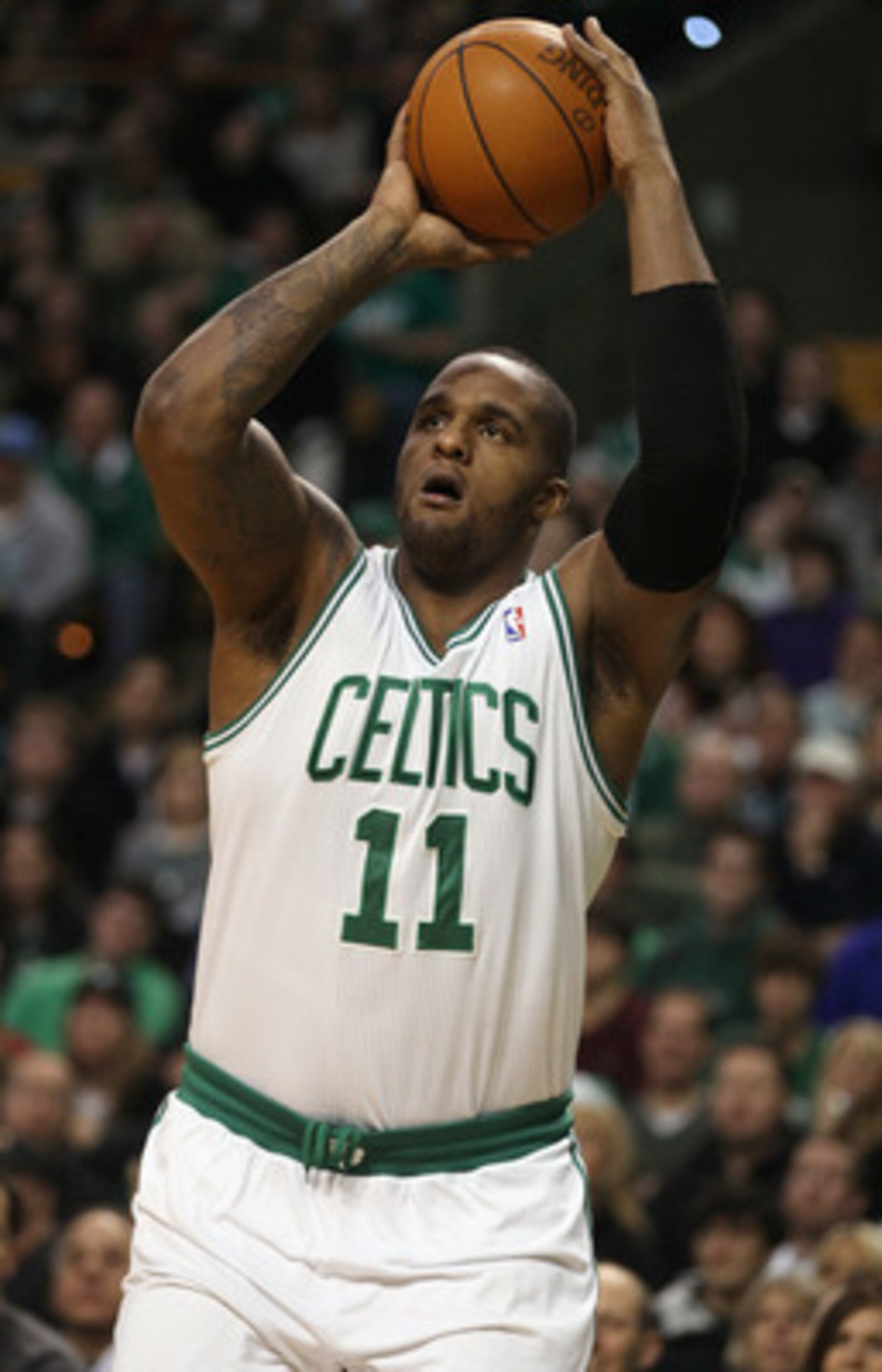 BOSTON, MA - JANUARY 17:  Glen Davis #11 of the Boston Celtics takes a shot in the first quarter against the Orlando Magic on January 17, 2011 at the TD Garden in Boston, Massachusetts.  NOTE TO USER: User expressly acknowledges and agrees that, by downlo