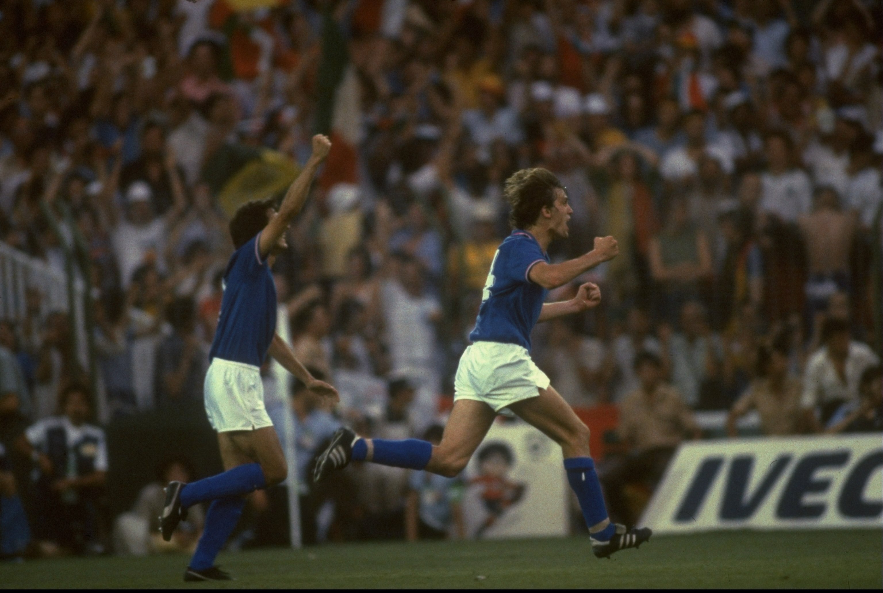 11 Jul 1982:  Marco Tardelli (right) of Italy celebrates scoring the second goal against West Germany during the 1982 World Cup final at the Bernabeu Stadium in Madrid, Spain. Italy won the match 3-1. \ Mandatory Credit: Allsport UK /Allsport