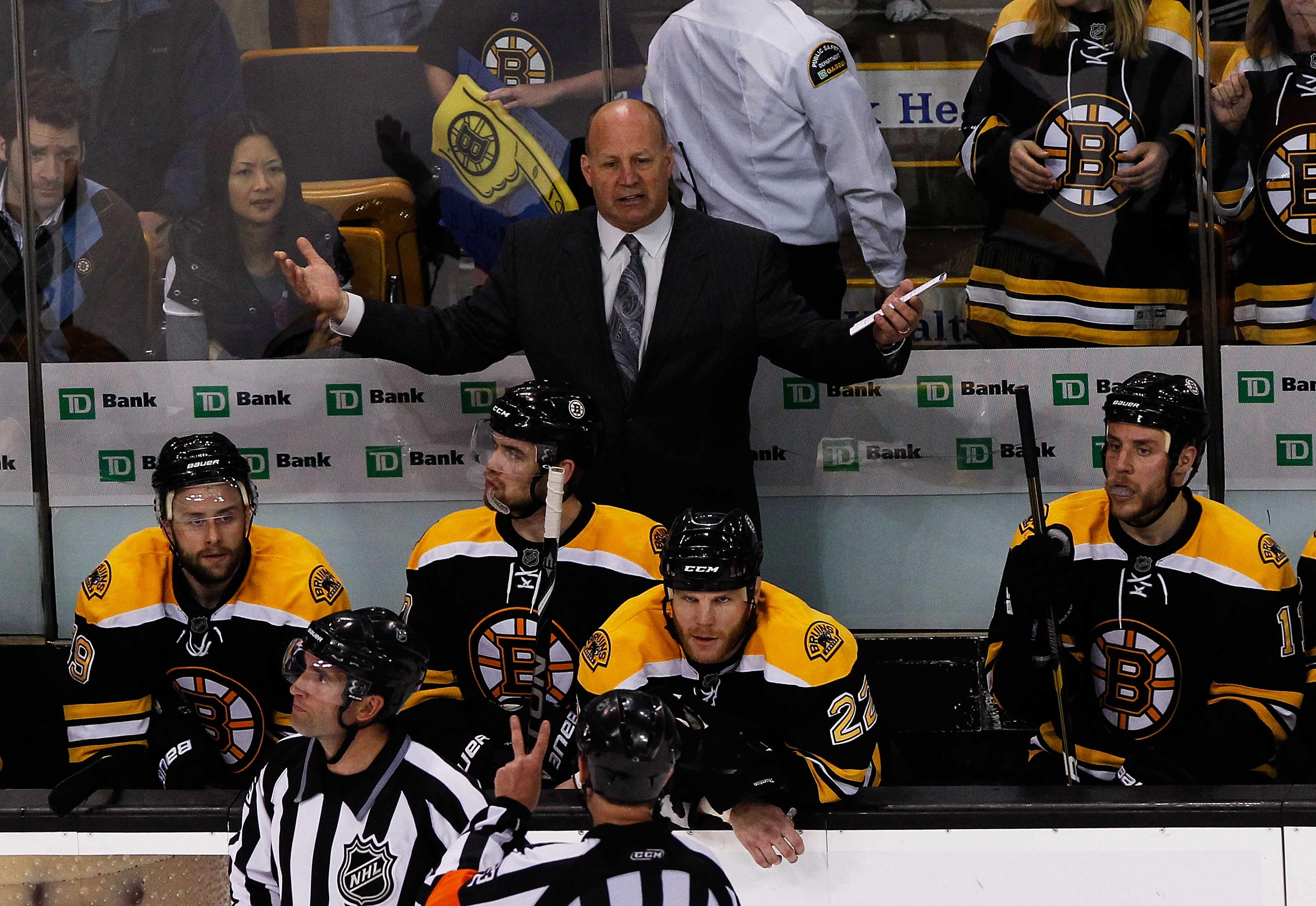 BOSTON, MA - MAY 14:  Boston Bruins head coach Claude Julien reacts during Game One of the Eastern Conference Finals against the Tampa Bay Lightning during the 2011 NHL Stanley Cup Playoffs at TD Garden on May 14, 2011 in Boston, Massachusetts.  (Photo by