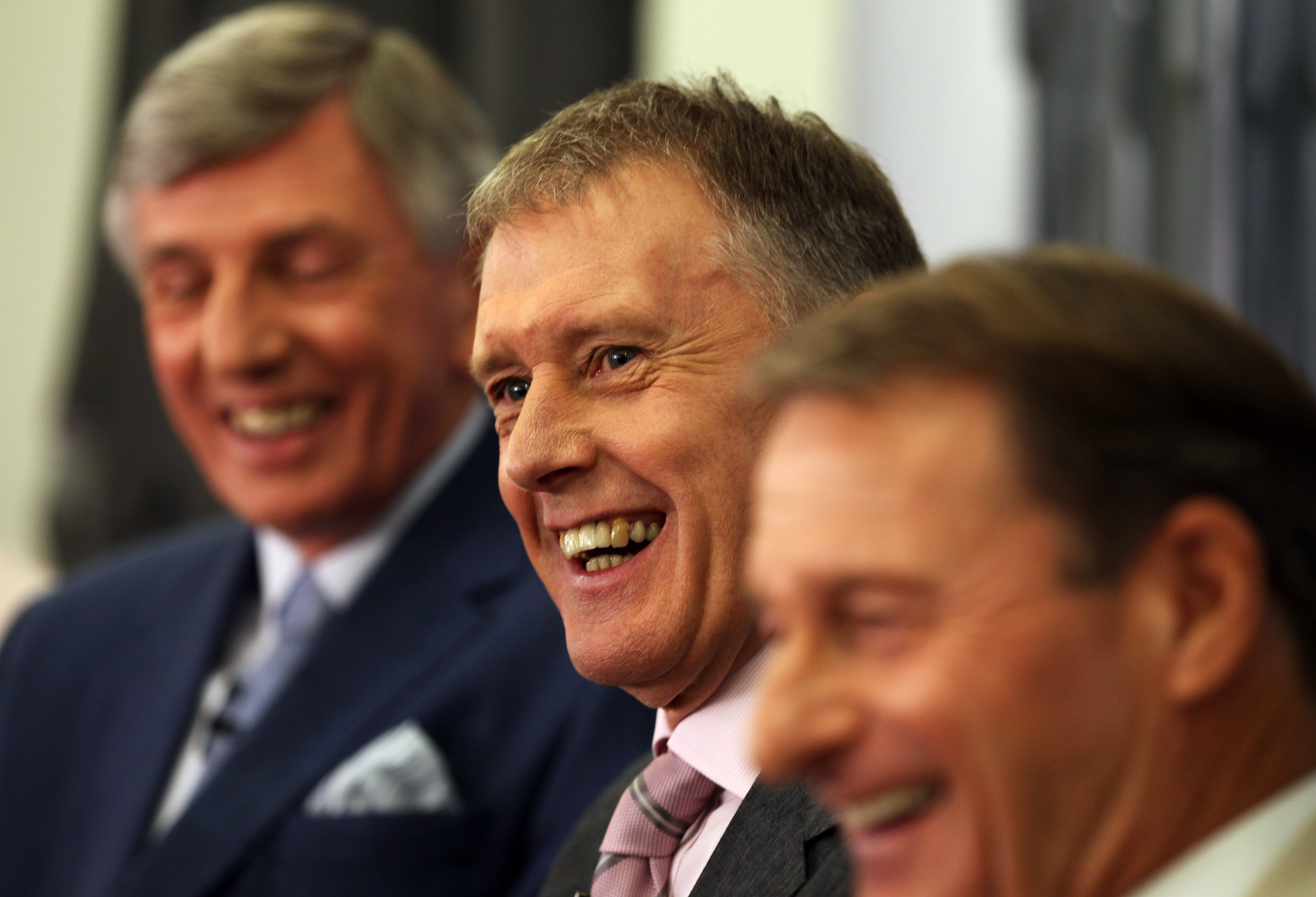 LONDON, ENGLAND - MAY 19:  England 1966 Legend Sir Geoff Hurst chats to the media during the Marks and Spencer England World Cup Suit Launch on May 19, 2010 in London, England.  (Photo by Bryn Lennon/Getty Images for M&S)